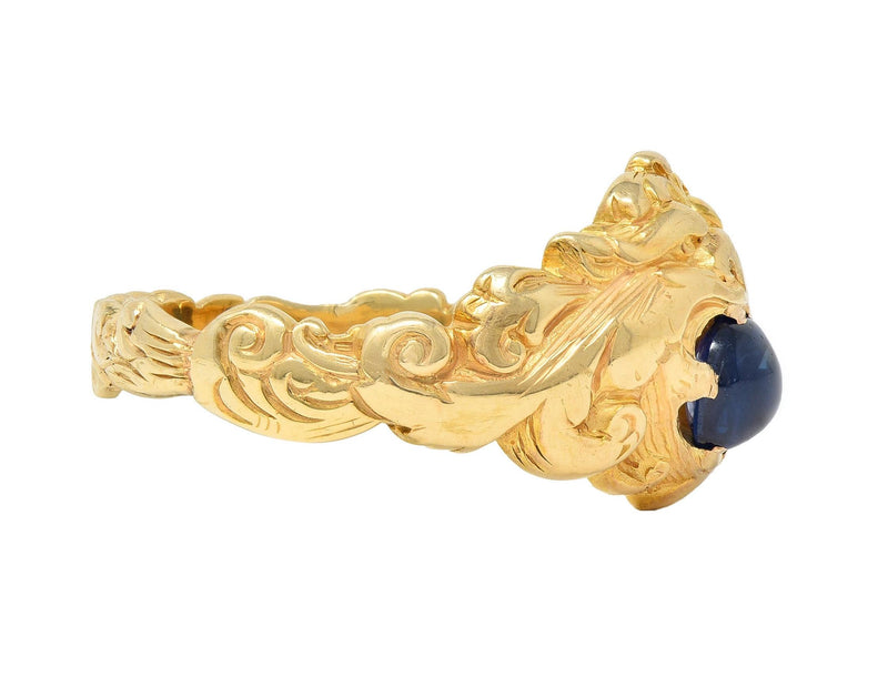 Victorian Sapphire 14 Karat Yellow Gold God Of Wind Unisex Antique Ring