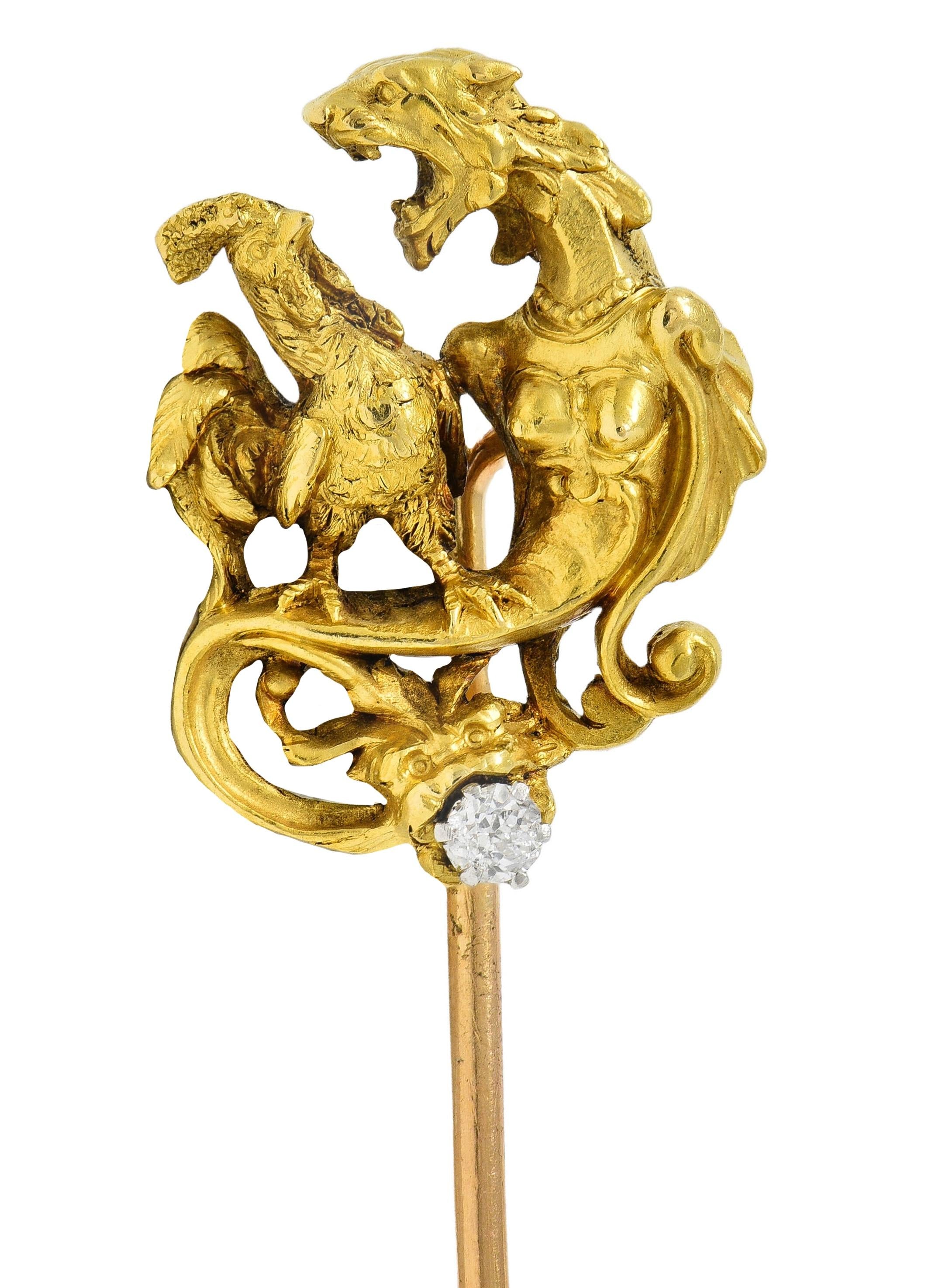 Art Nouveau French Diamond Platinum 18K Gold Antique Rooster Serpent Stickpin