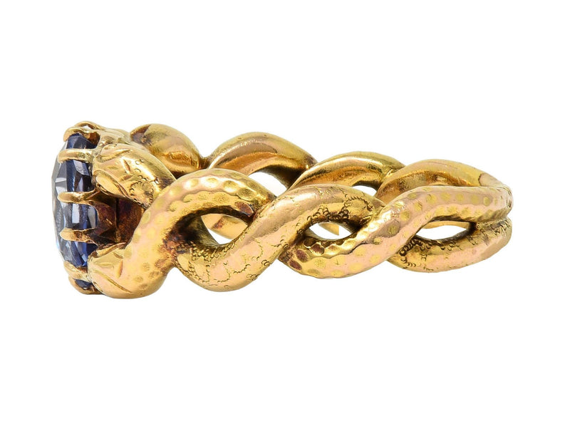 Victorian 1.92 CTW Sapphire 14 Karat Yellow Gold Antique Love Knot Snake Ring