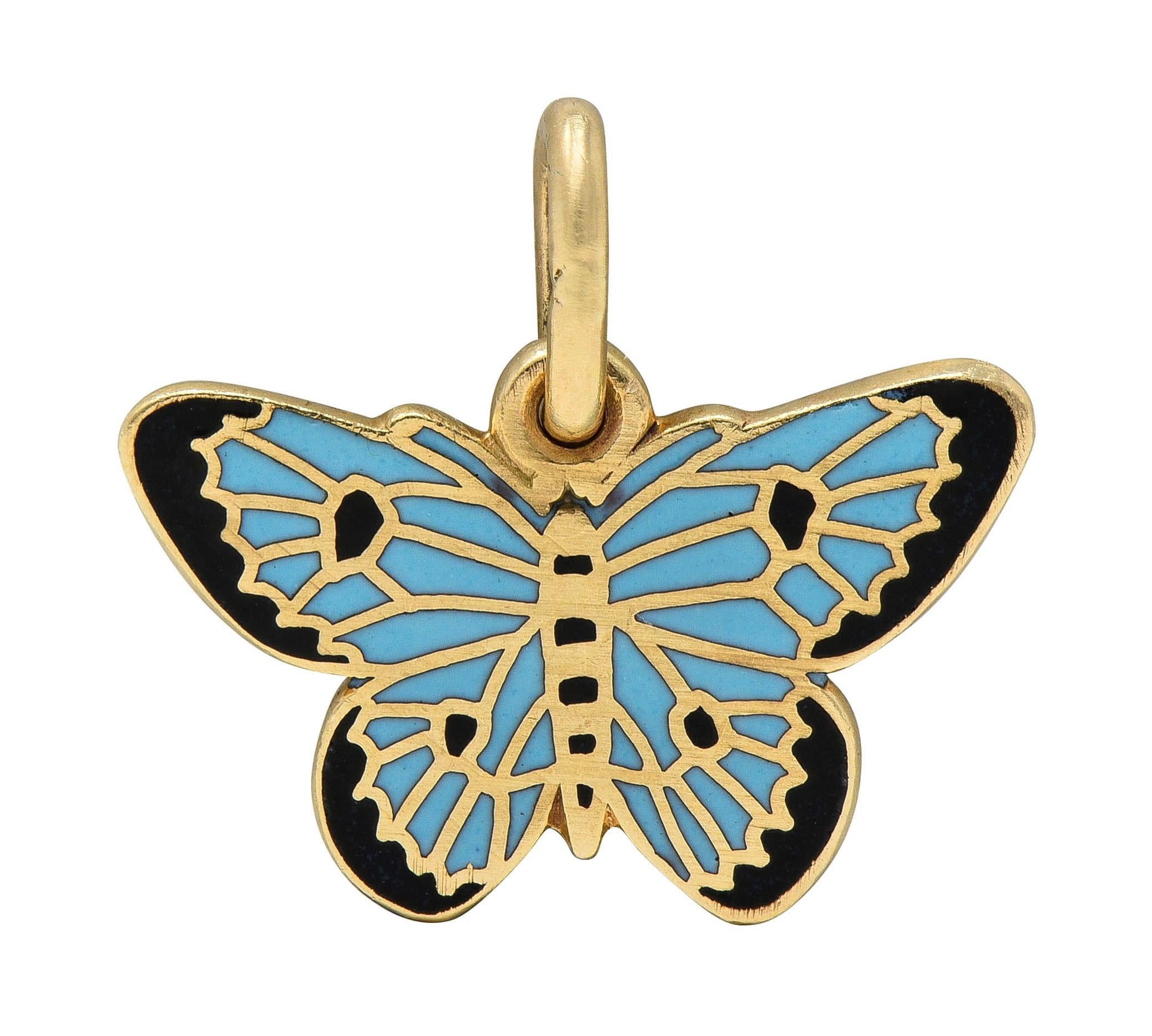 Retro 1940's 14 Karat Yellow Gold Blue Black Enamel Vintage Butterfly Charm