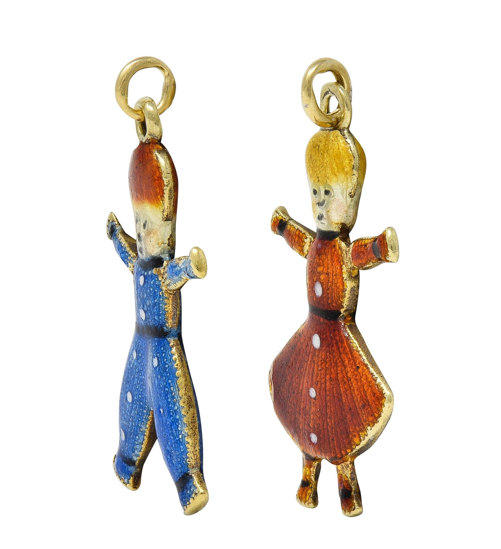 Art Deco Enamel 18 Karat Yellow Gold Two Children Antique 1920's Charms