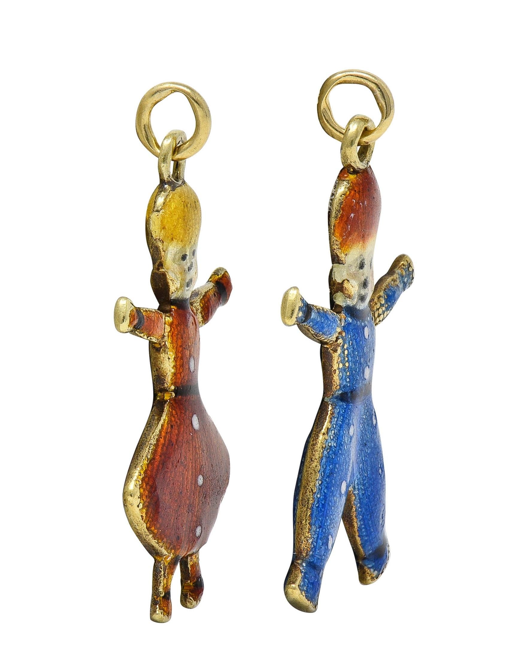 Art Deco Enamel 18 Karat Yellow Gold Two Children Antique 1920's Charms