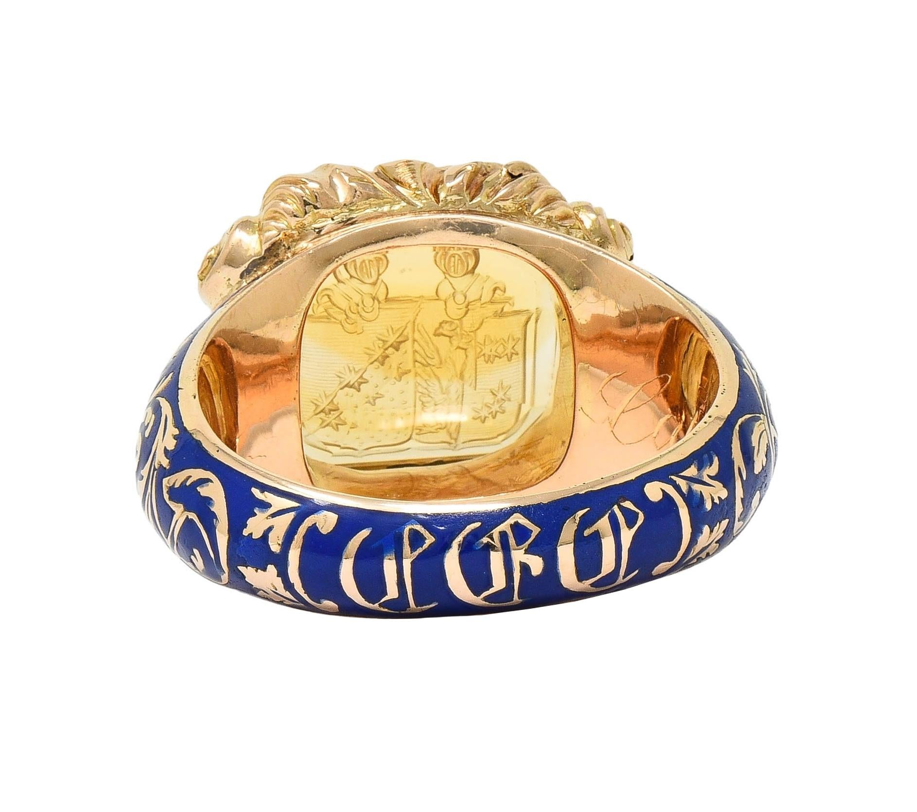 Georgian 1833 Citrine Intaglio Enamel 14K Gold Antique Heraldic Signet Ring