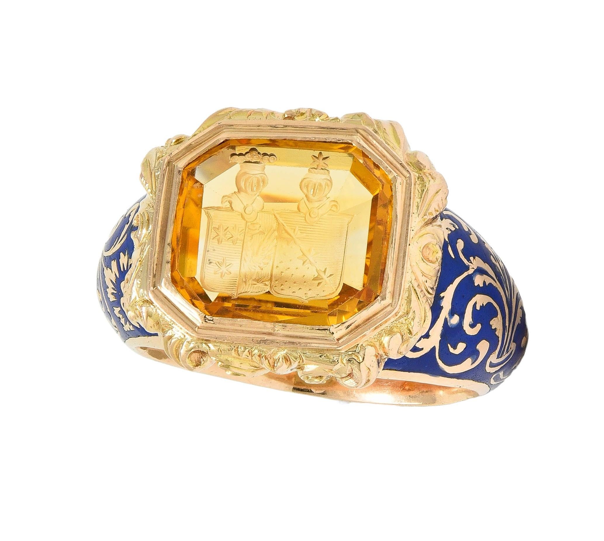 Georgian 1833 Citrine Intaglio Enamel 14K Gold Antique Heraldic Signet Ring