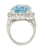 Contemporary 19.42 CTW Aquamarine Diamond Platinum Halo Cocktail Ring