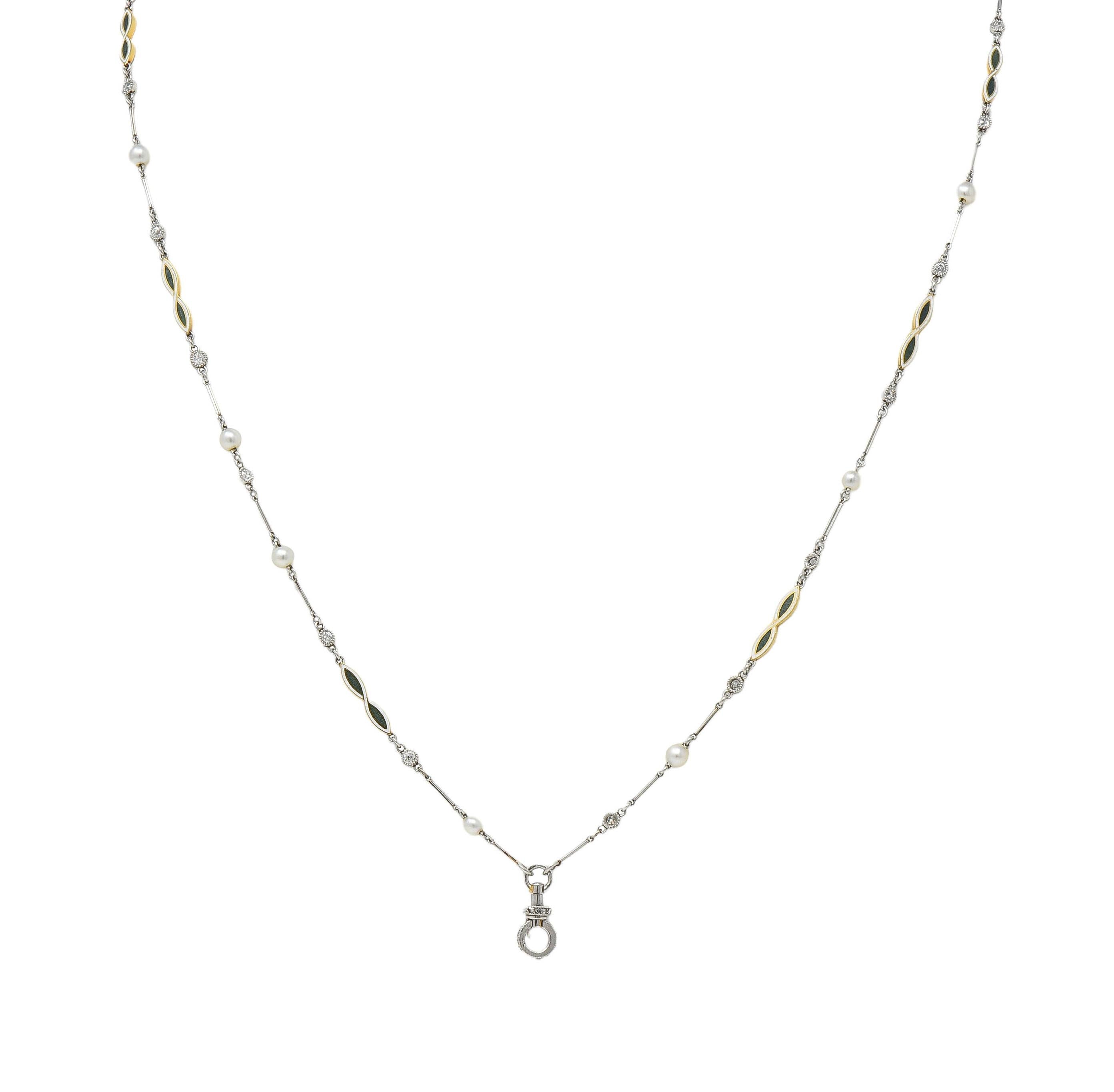 Art Deco Diamond Natural Pearl Enamel Platinum 18K Gold Antique Link Necklace