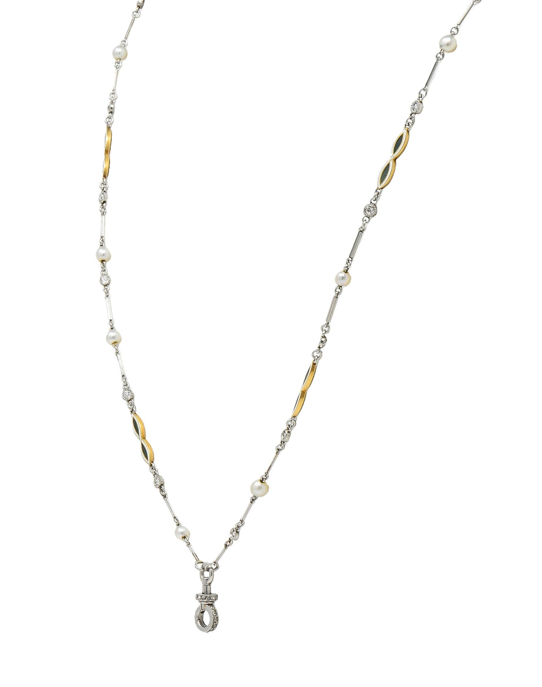 Art Deco Diamond Natural Pearl Enamel Platinum 18K Gold Antique Link Necklace