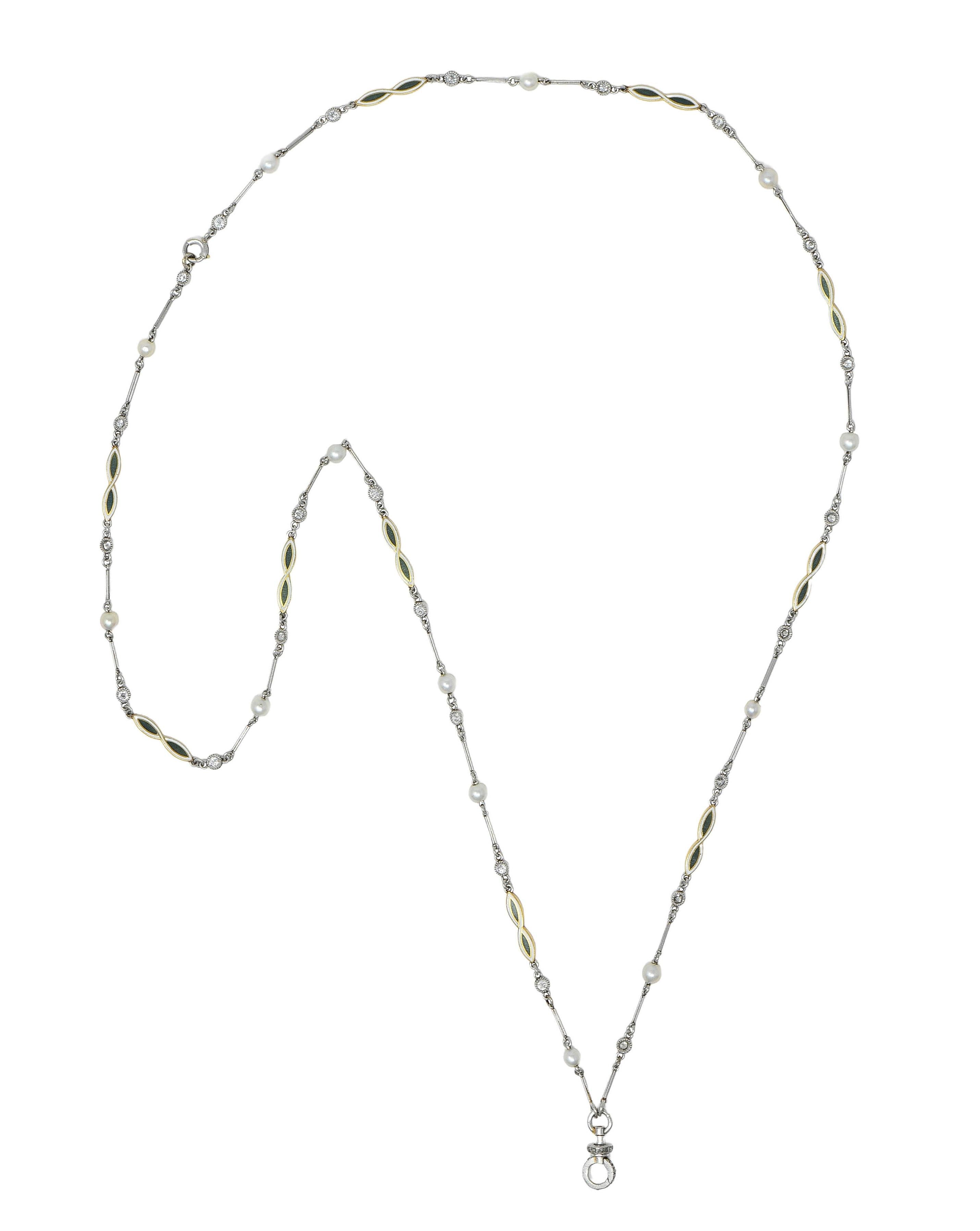 Art Deco Diamond Natural Pearl Enamel Platinum 18K Gold Antique Link Necklace