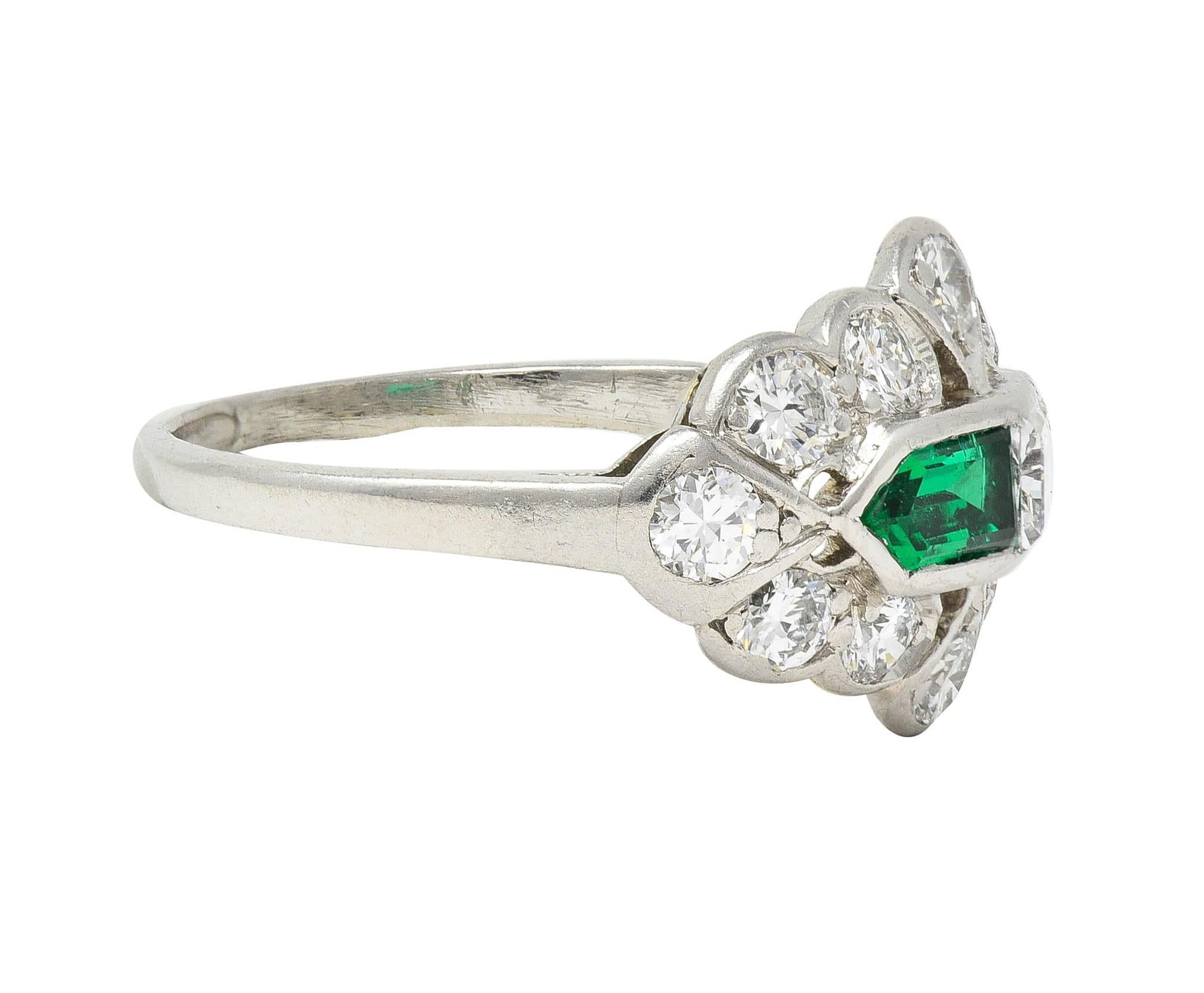 Birks Art Deco 1.20 CTW Emerald Diamond Platinum Cluster Vintage Dinner Ring