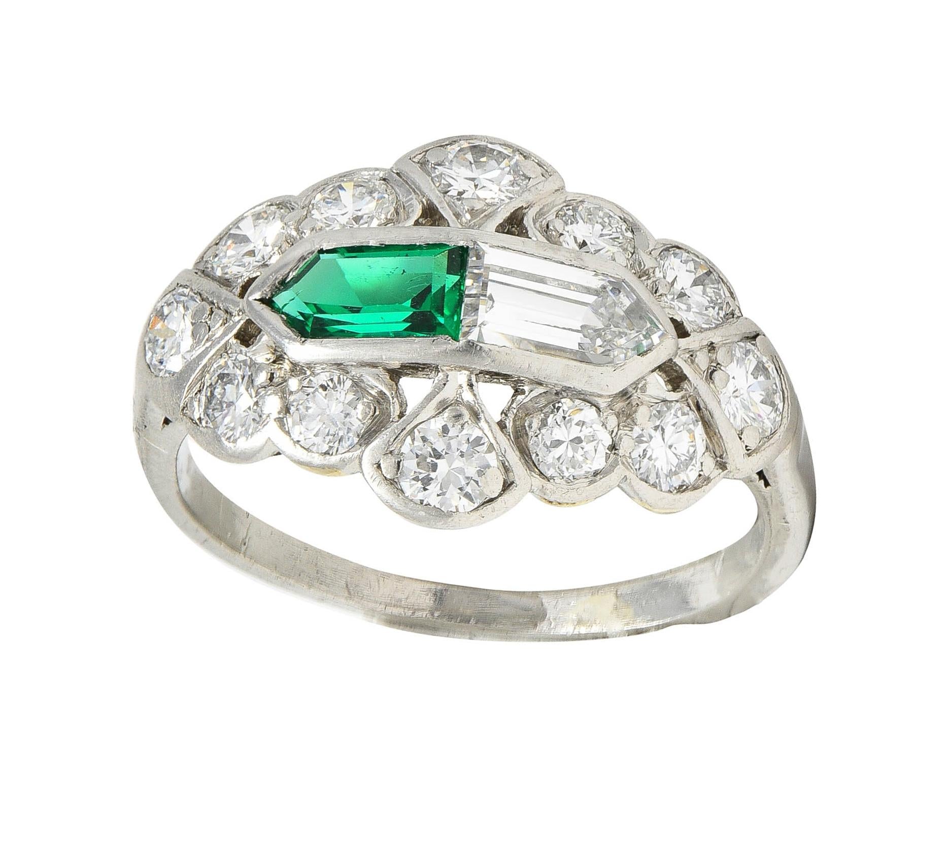 Birks Art Deco 1.20 CTW Emerald Diamond Platinum Cluster Vintage Dinner Ring