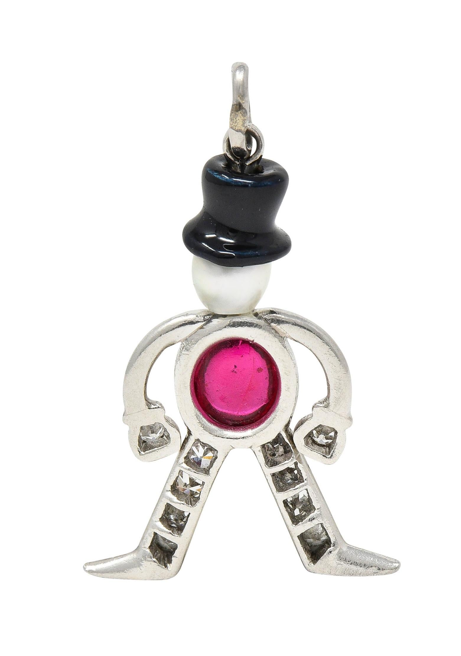 Art Deco Ruby Diamond Pearl Enamel Platinum Vintage Top Hat Man Charm