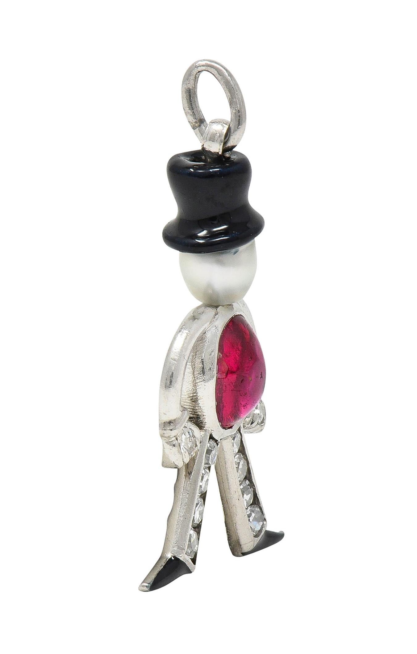 Art Deco Ruby Diamond Pearl Enamel Platinum Vintage Top Hat Man Charm