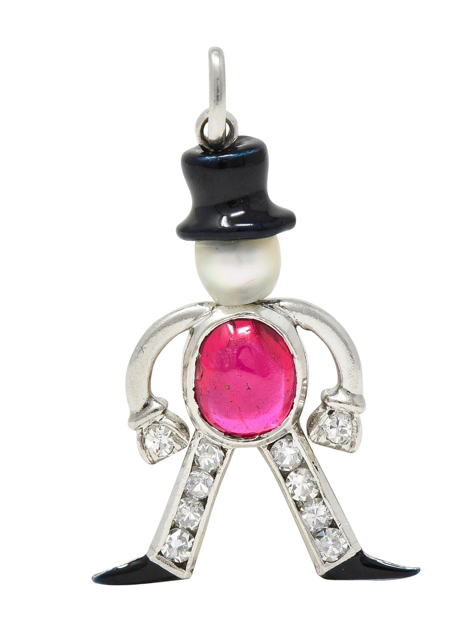 Art Deco Ruby Diamond Pearl Enamel Platinum Vintage Top Hat Man Charm