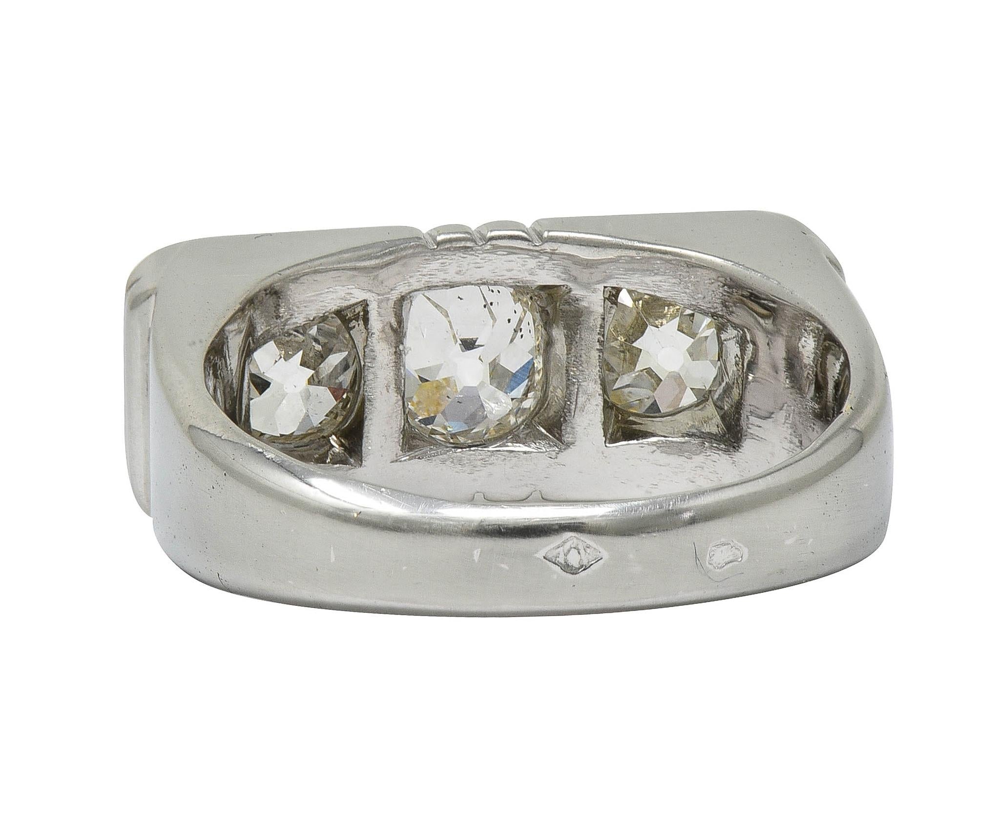 Art Deco French 2.05 CTW Old Mine Diamond Platinum Vintage Three Stone Band Ring