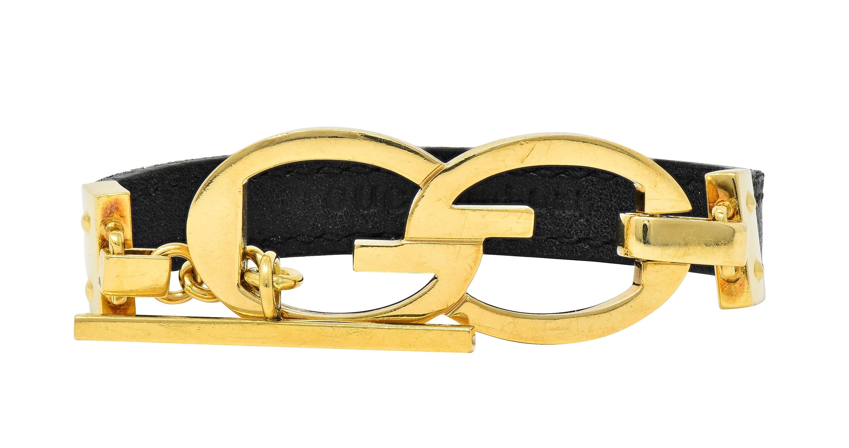 Gucci 1990's 18 Karat Yellow Gold Leather Interlocking G Vintage Toggle Bracelet