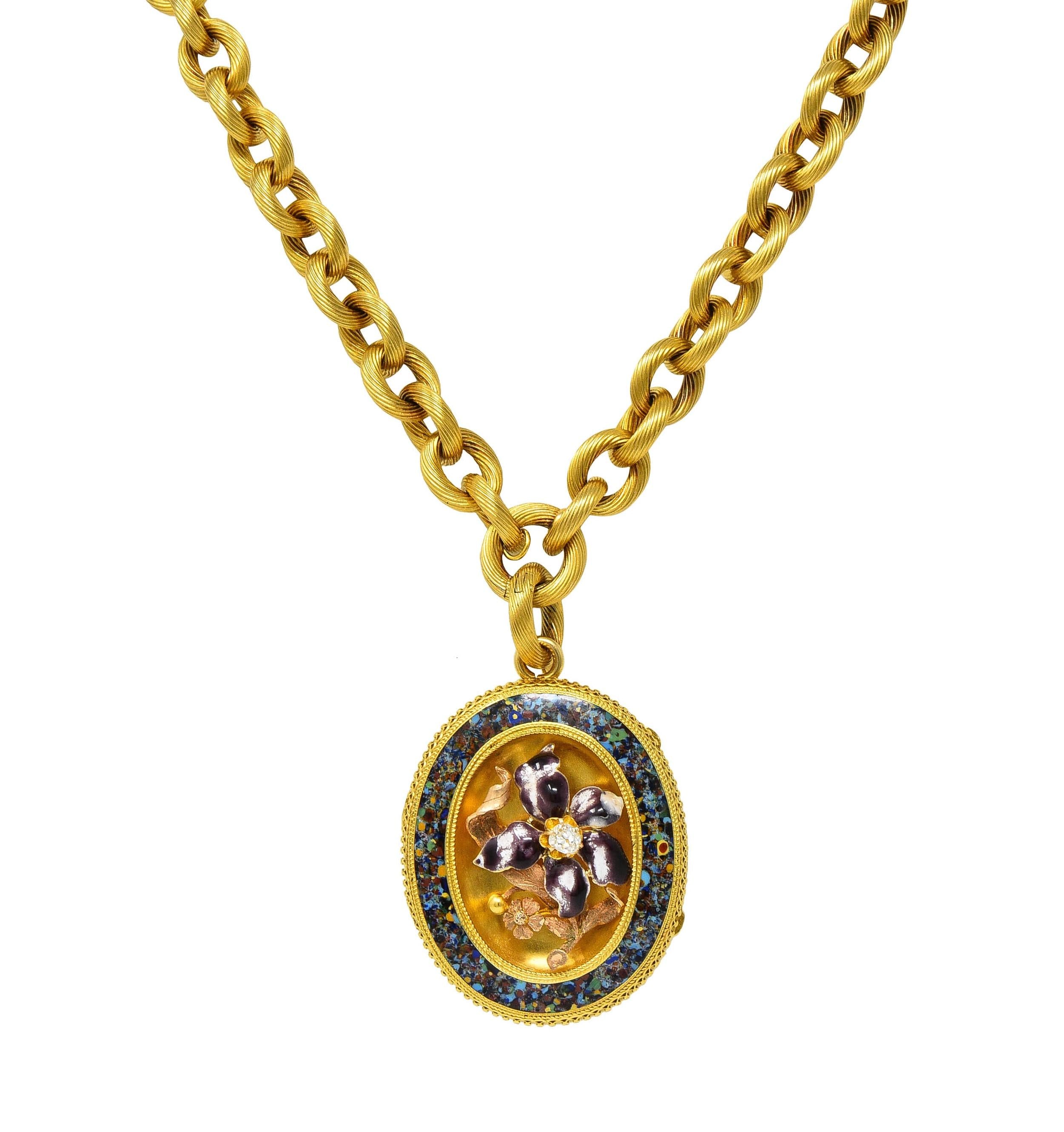 Victorian Diamond Enamel 18 Karat Gold Floral Antique Locket Pendant Necklace