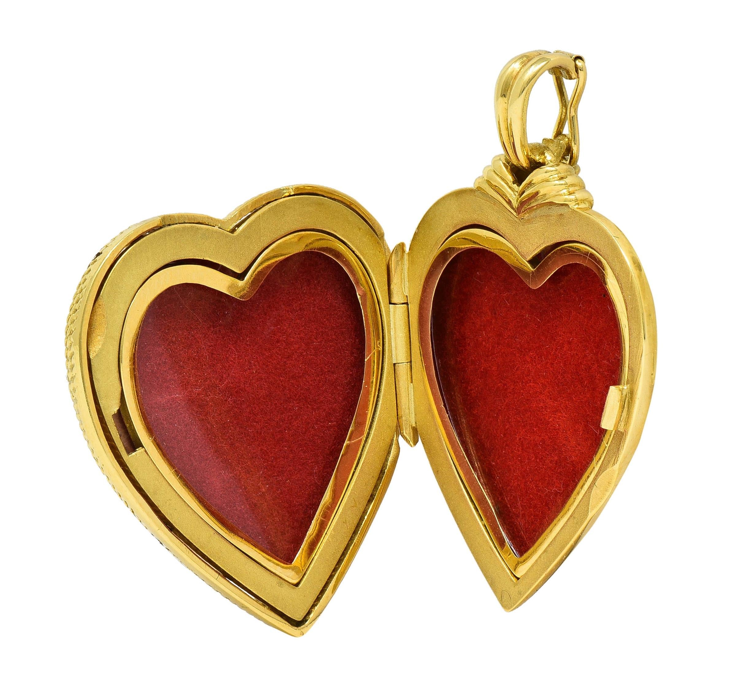 Victor Mayer Diamond Enamel 18 Karat Yellow Gold Vintage Heart Locket Pendant