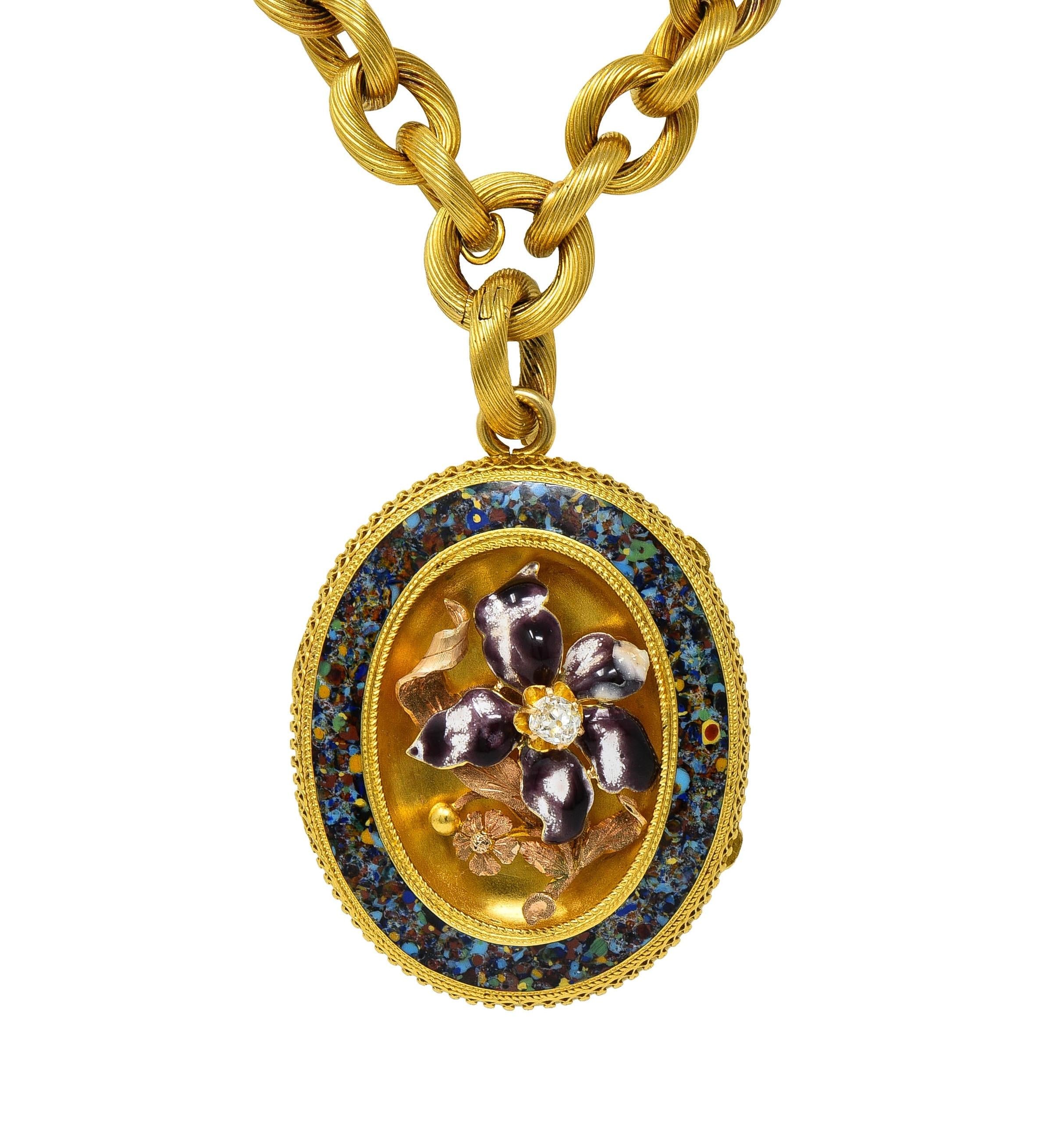 Victorian Diamond Enamel 18 Karat Gold Floral Antique Locket Pendant Necklace