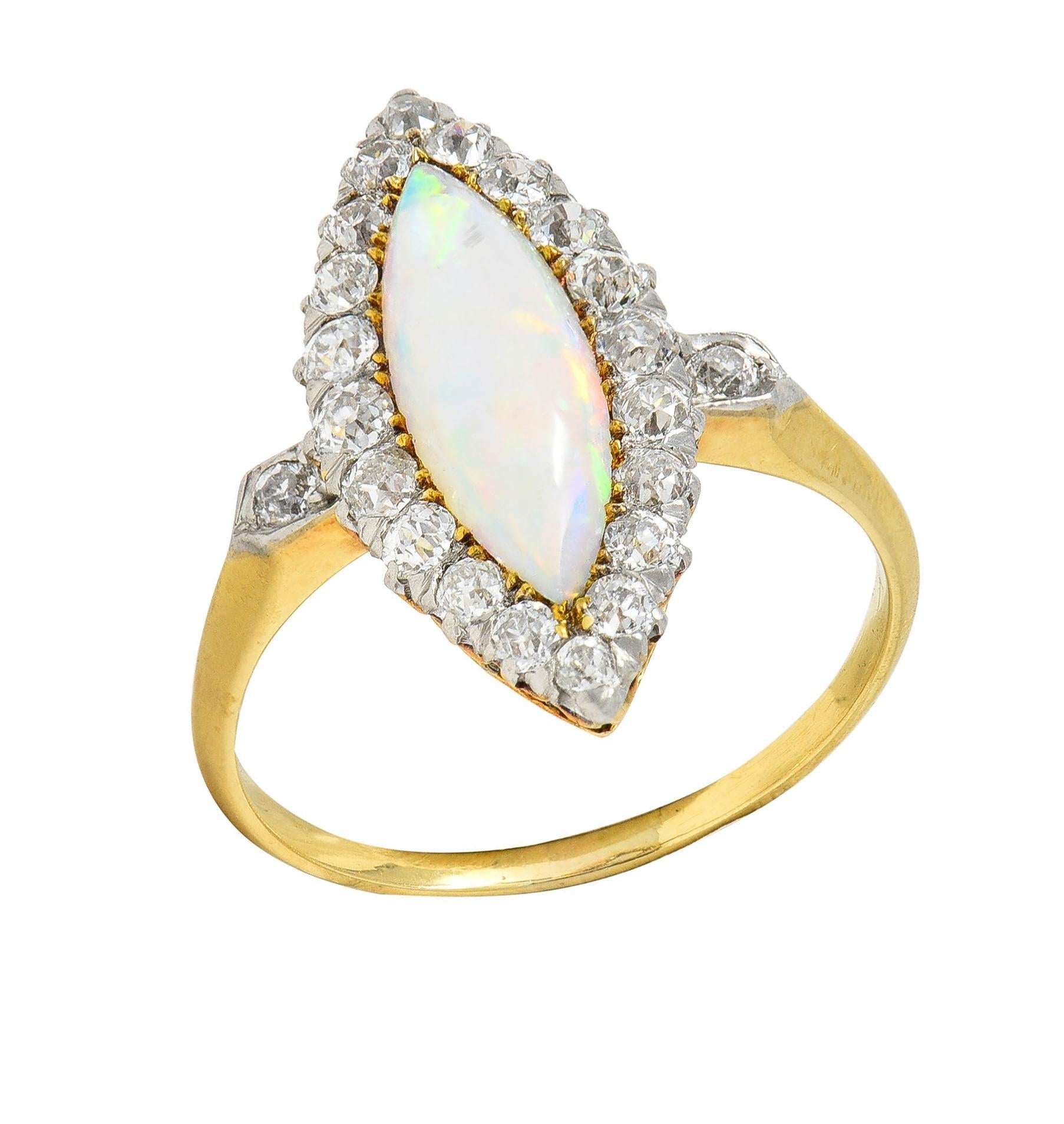 Edwardian Opal Diamond Platinum 18 Karat Yellow Gold Antique Navette Ring