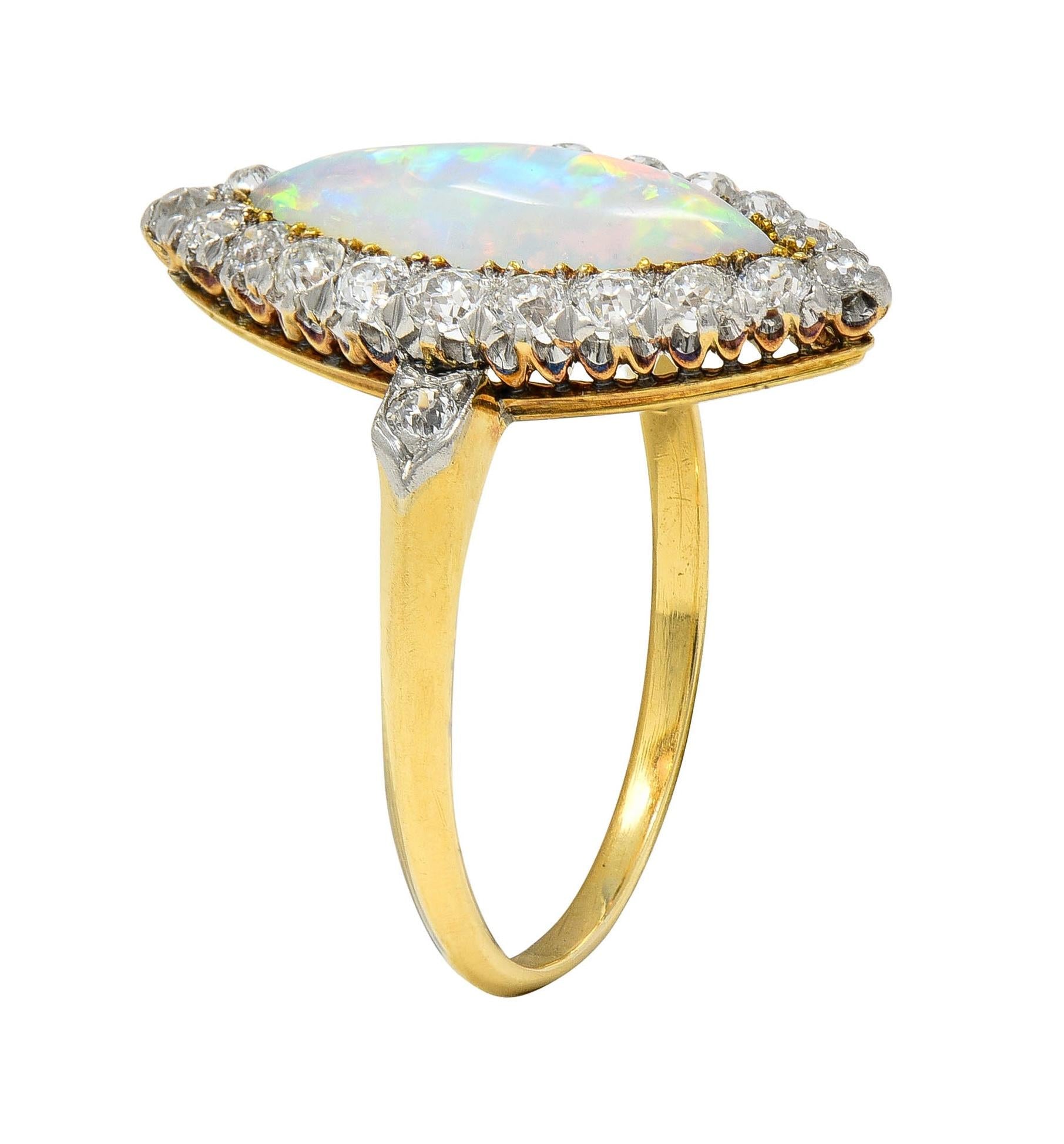 Edwardian Opal Diamond Platinum 18 Karat Yellow Gold Antique Navette Ring