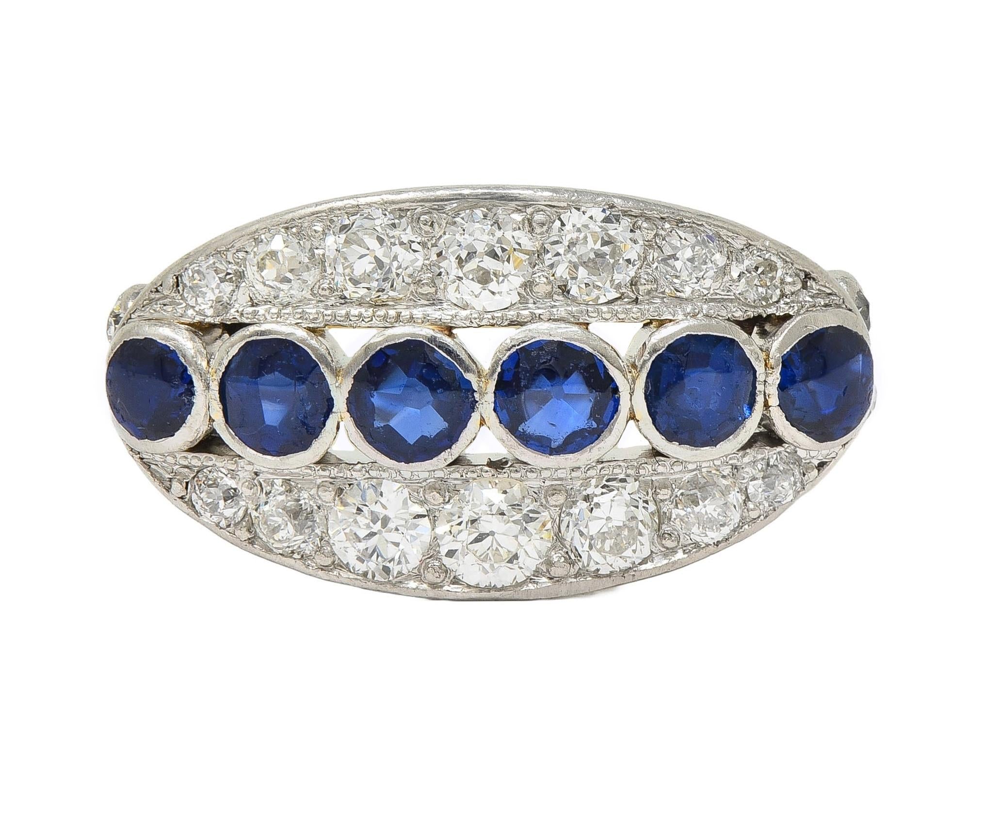 Art Deco 1.89 CTW Sapphire Diamond Platinum 18 Karat Gold Vintage Band Ring