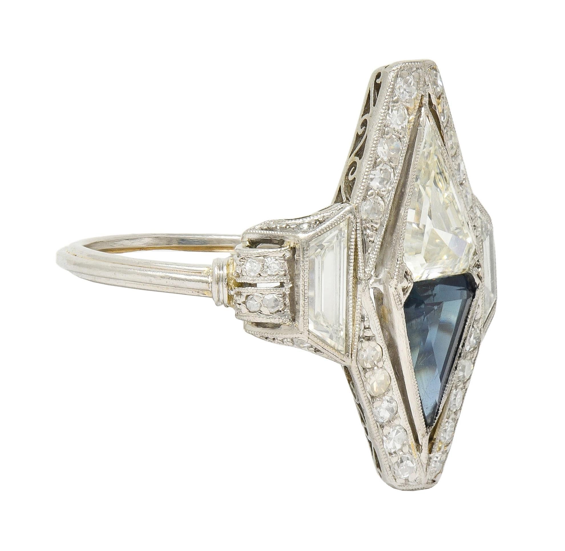 Art Deco Sapphire Diamond Platinum Antique Scrolling Navette Dinner Ring