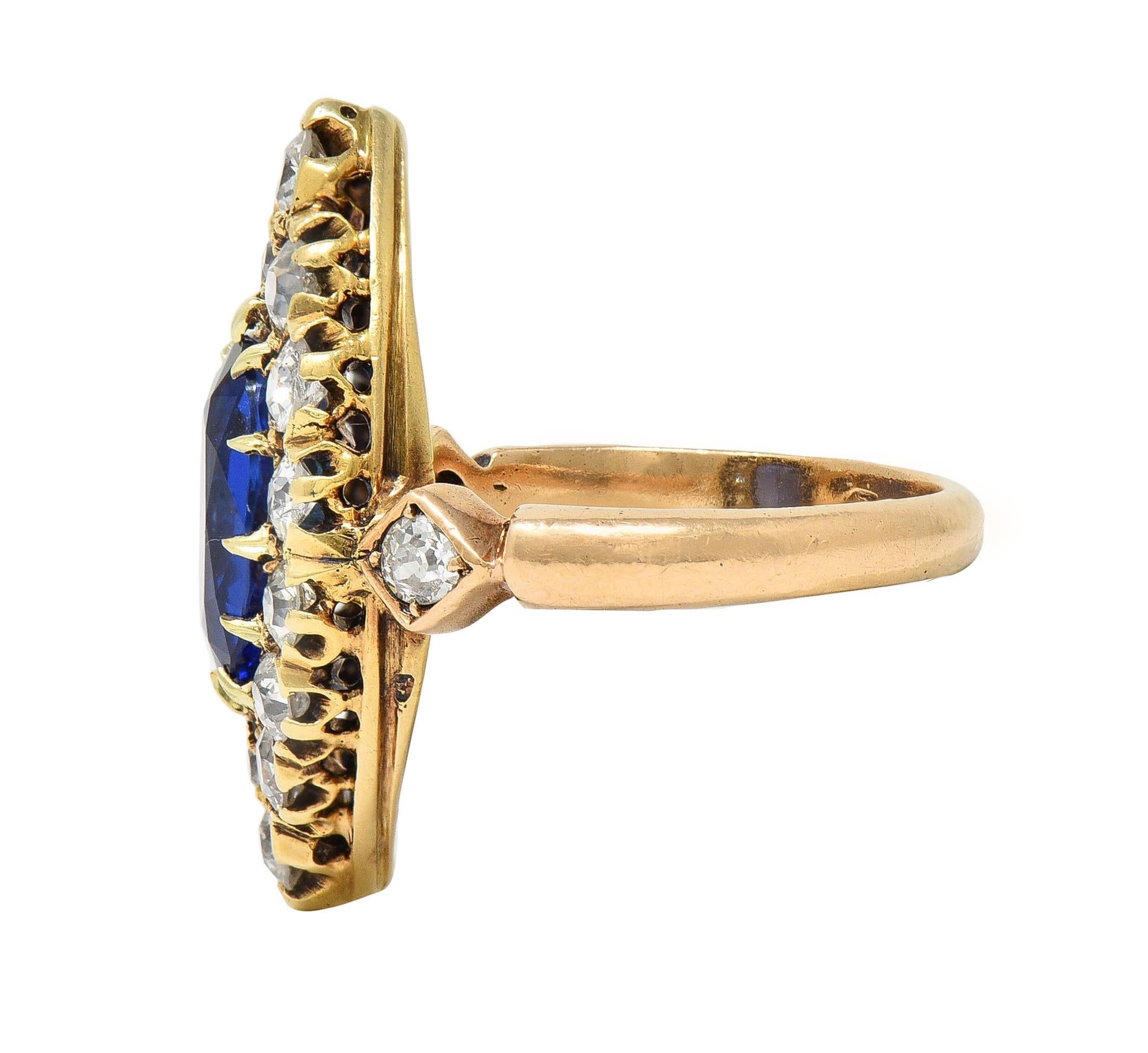 Victorian No Heat Burma Sapphire Diamond 14K Gold Antique Navette Cluster Ring