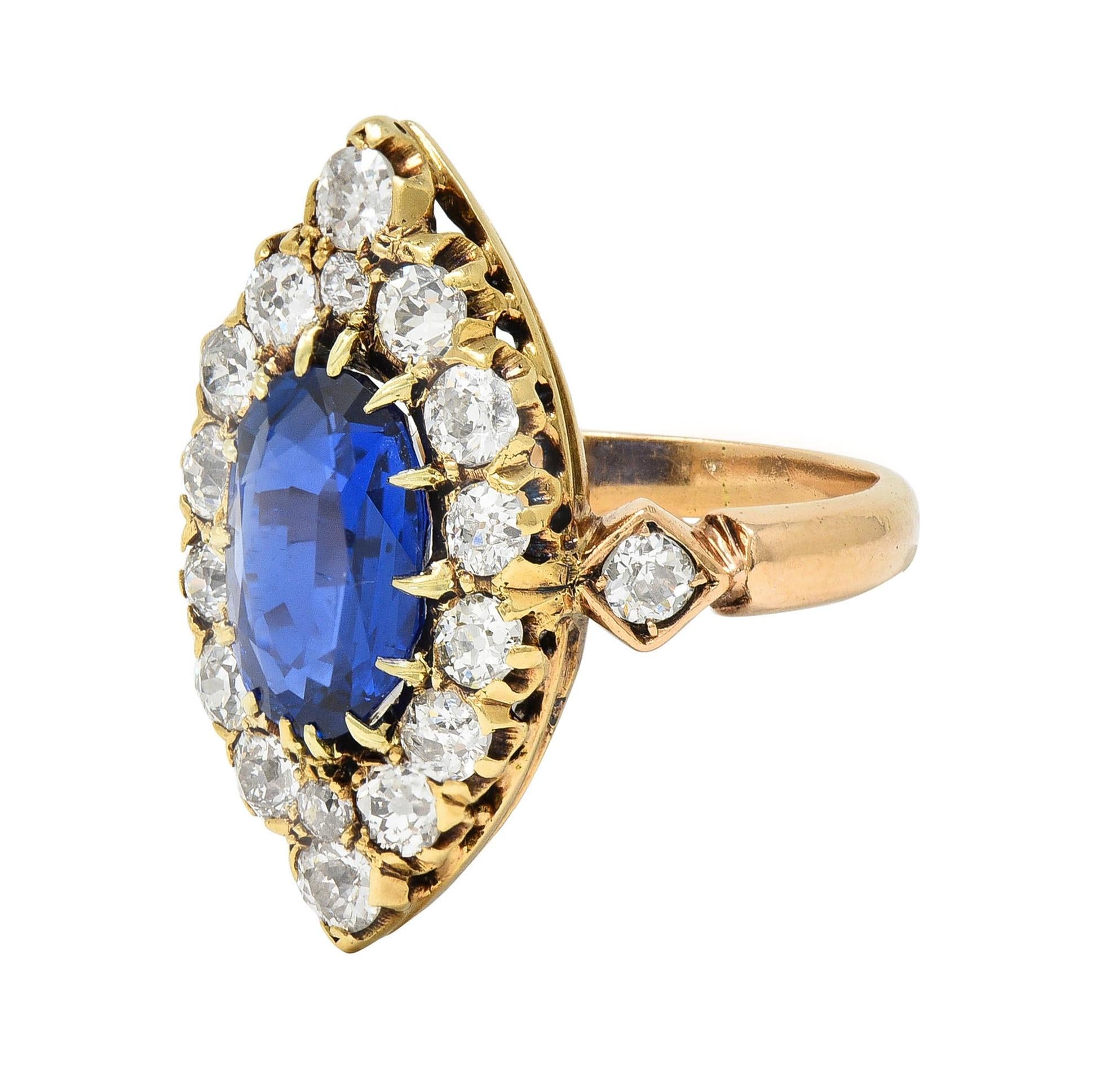 Victorian No Heat Burma Sapphire Diamond 14K Gold Antique Navette Cluster Ring