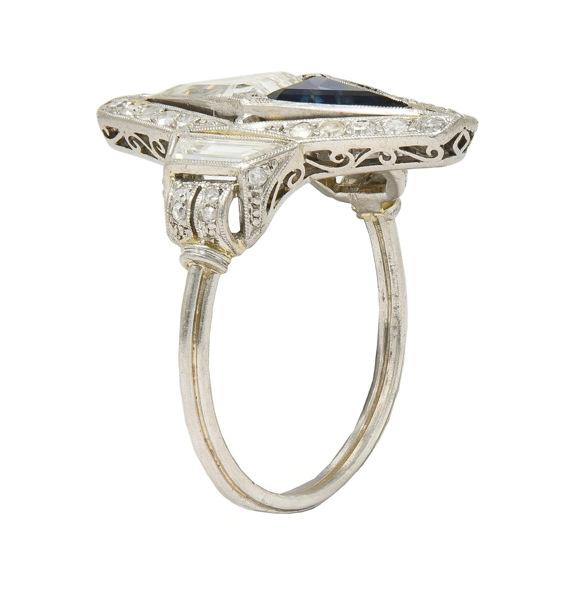 Art Deco Sapphire Diamond Platinum Antique Scrolling Navette Dinner Ring