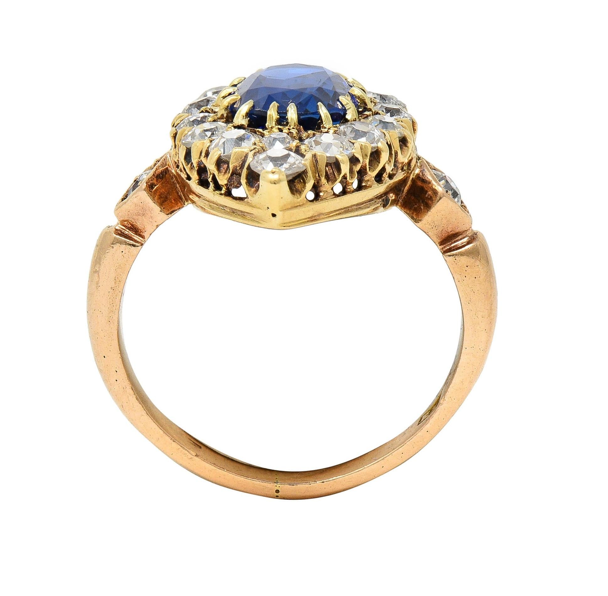 Victorian No Heat Burma Sapphire Diamond 14K Gold Antique Navette Cluster Ring