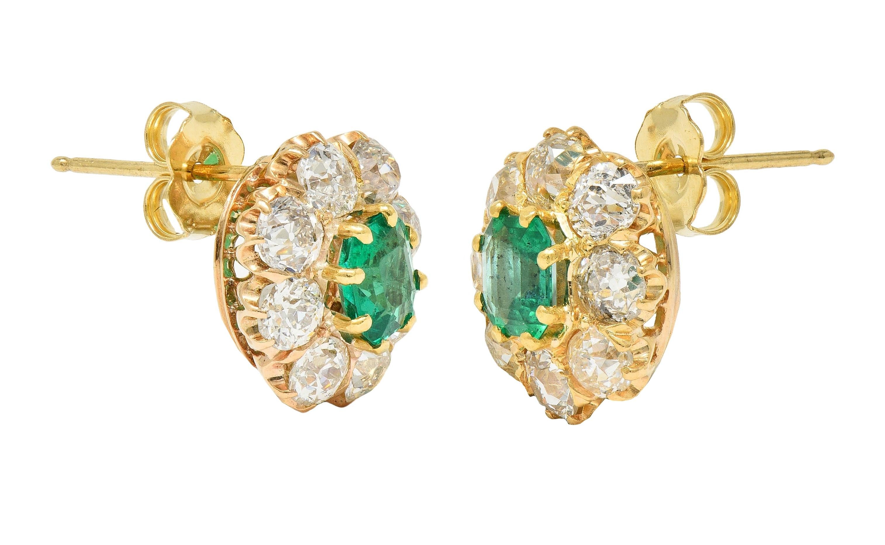 Victorian 4.14 CTW Emerald Old European Cut Diamond 18K Gold Antique Earrings