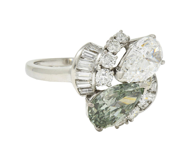 Mid-Century 5.13 CTW Fancy Green Diamond Platinum Toi-Et-Moi Bypass Vintage Ring