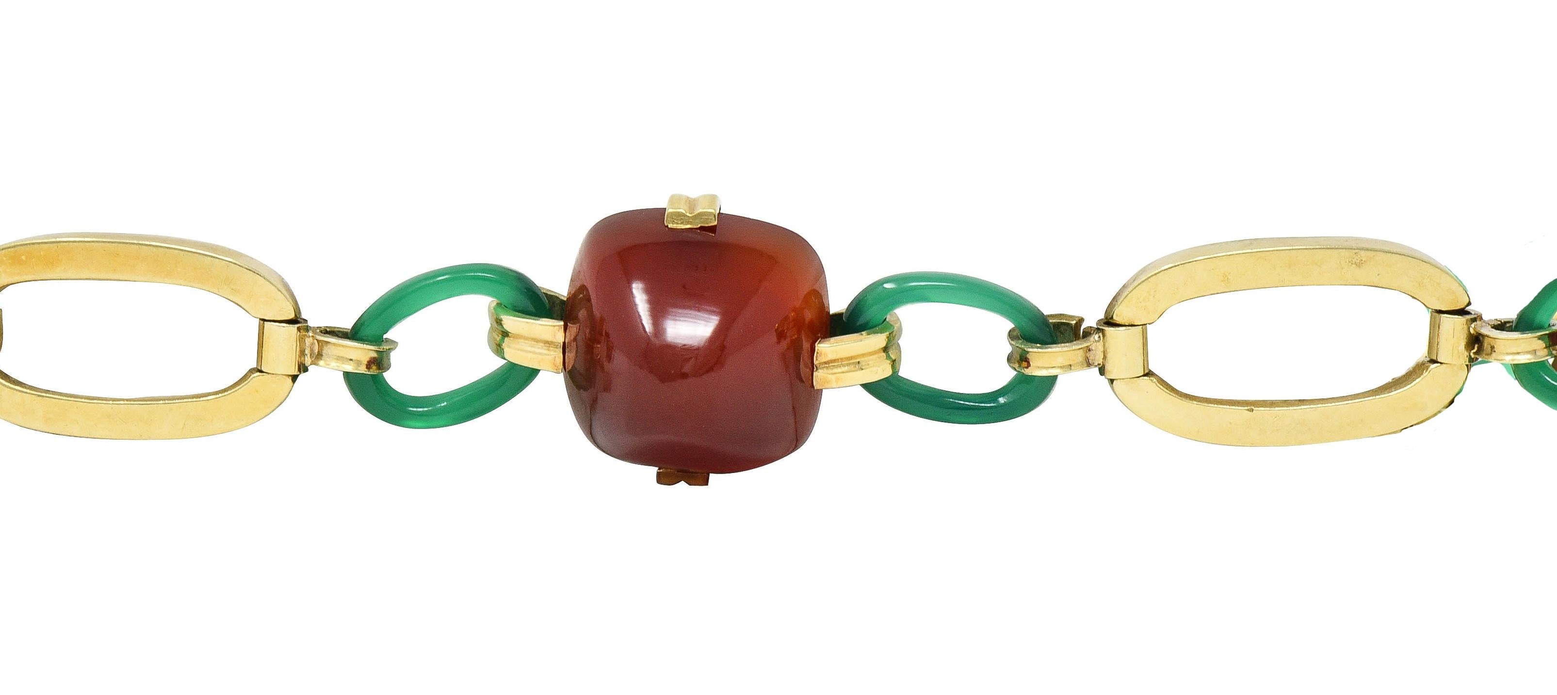 Carrington Co Art Deco Carnelian Chrysoprase 14 Karat Gold Antique Link Bracelet