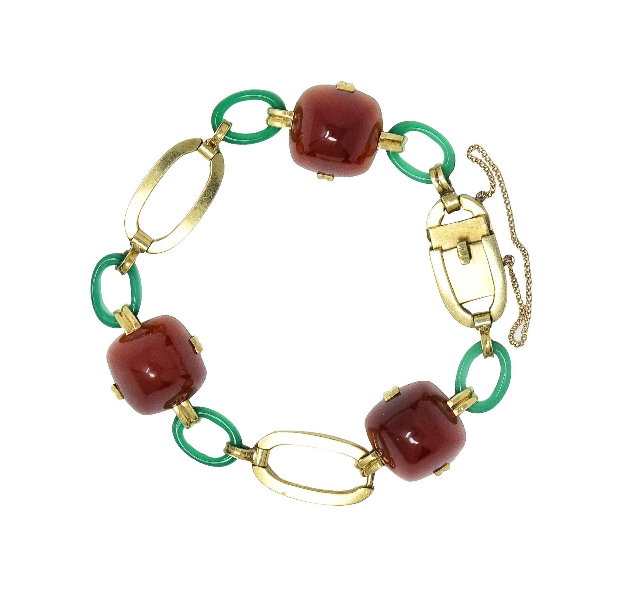 Carrington Co Art Deco Carnelian Chrysoprase 14 Karat Gold Antique Link Bracelet