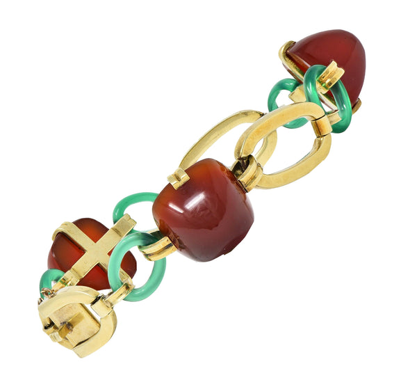 Carrington Co Art Deco Carnelian Chrysoprase 14 Karat Gold Antique Link Bracelet