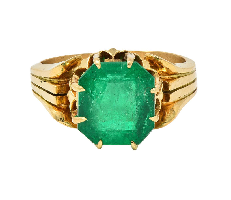 Victorian 3.60 CTW Colombian Emerald 14K Yellow Gold Antique Solitaire Ring GIA