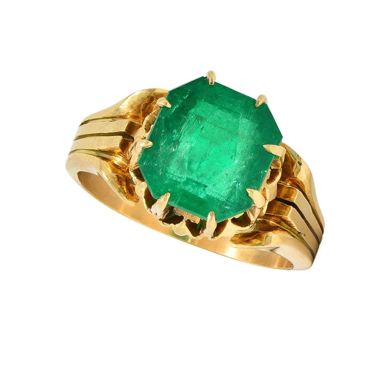 Victorian 3.60 CTW Colombian Emerald 14K Yellow Gold Antique Solitaire Ring GIA