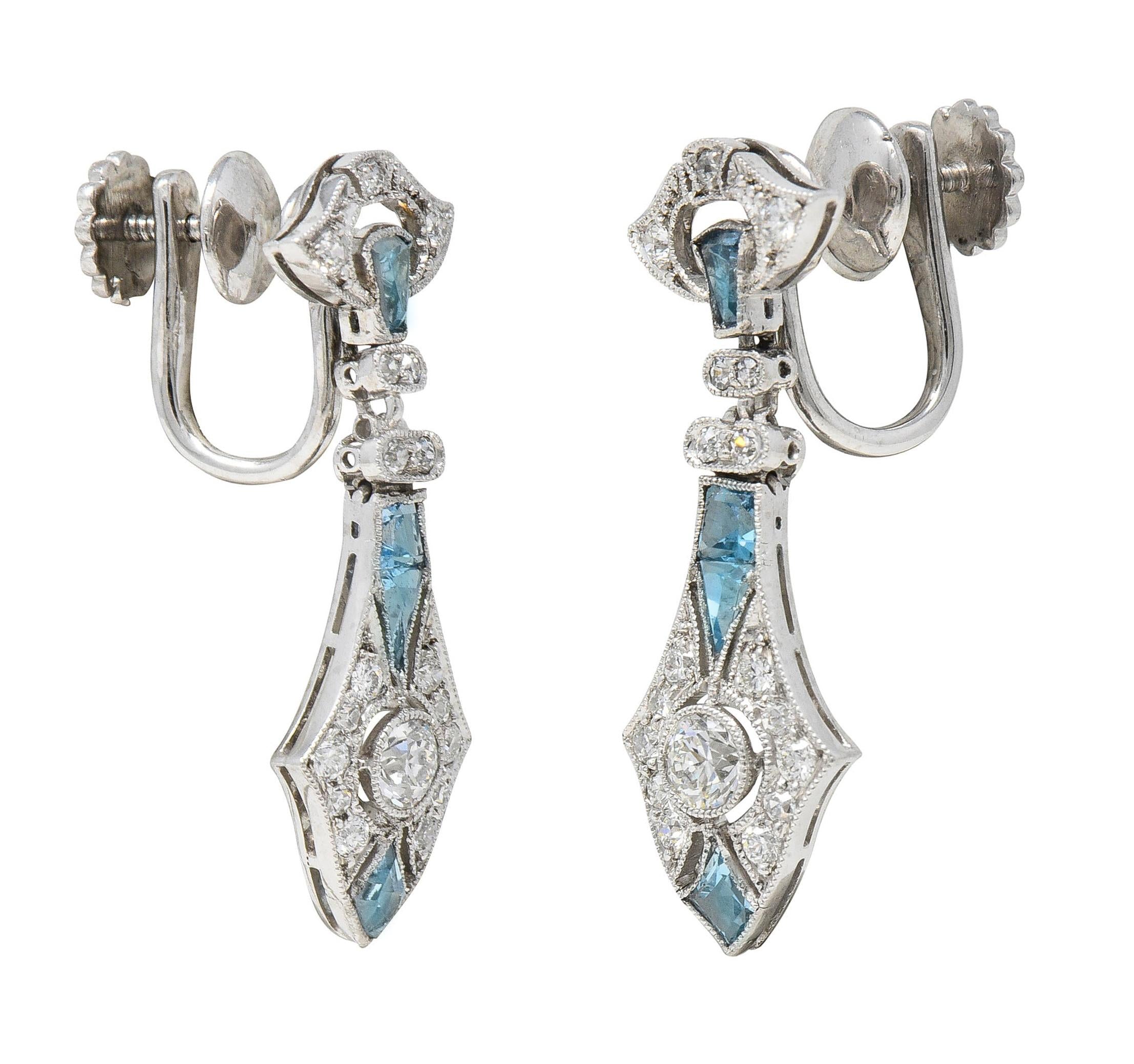 Art Deco Diamond Aquamarine Platinum Vintage Screwback Drop Earrings