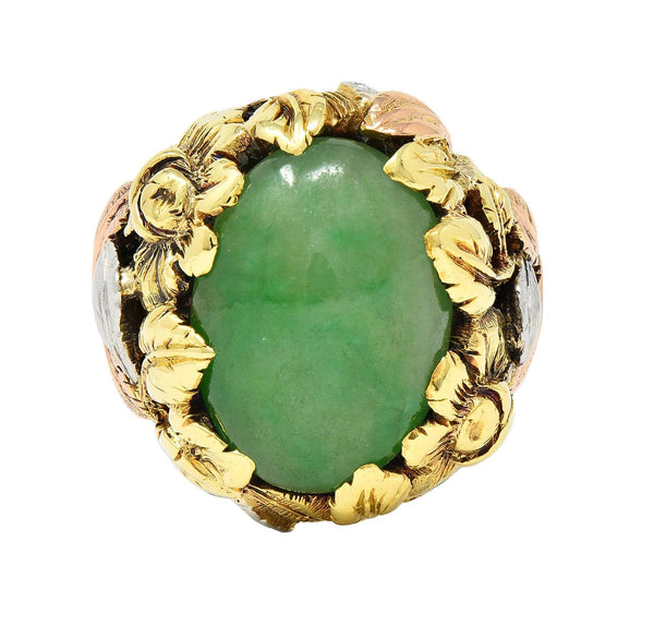 Arts & Crafts Jade Platinum 18 Karat Two-Tone Gold Antique Rose Signet Ring GIA
