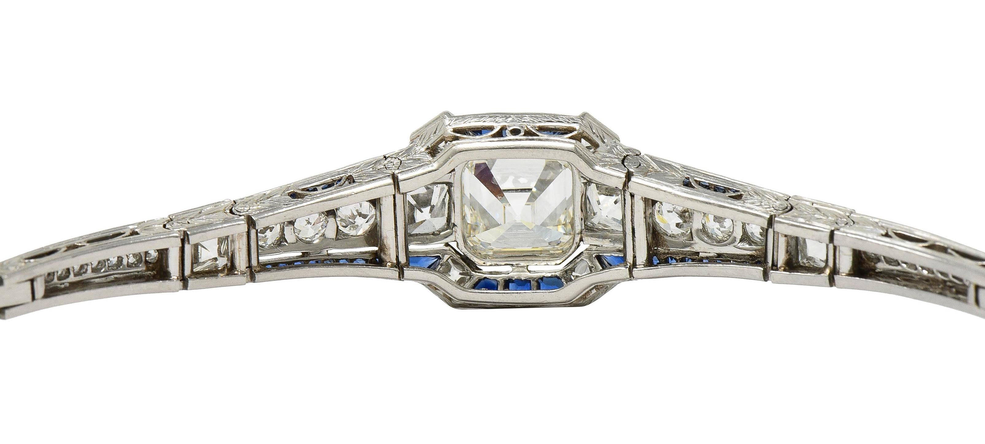 Art Deco 7.32 CTW Asscher Diamond Sapphire Platinum Vintage Panel Line Bracelet