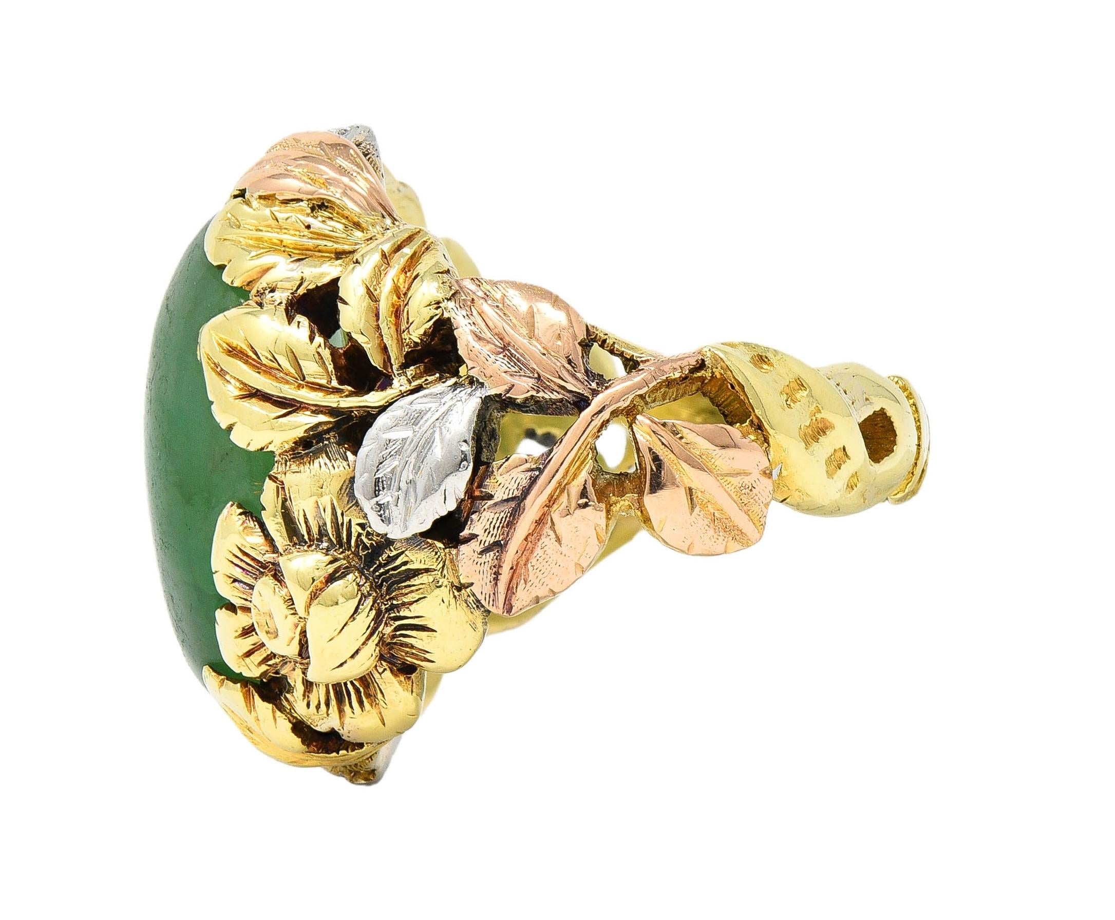 Arts & Crafts Jade Platinum 18 Karat Two-Tone Gold Antique Rose Signet Ring GIA