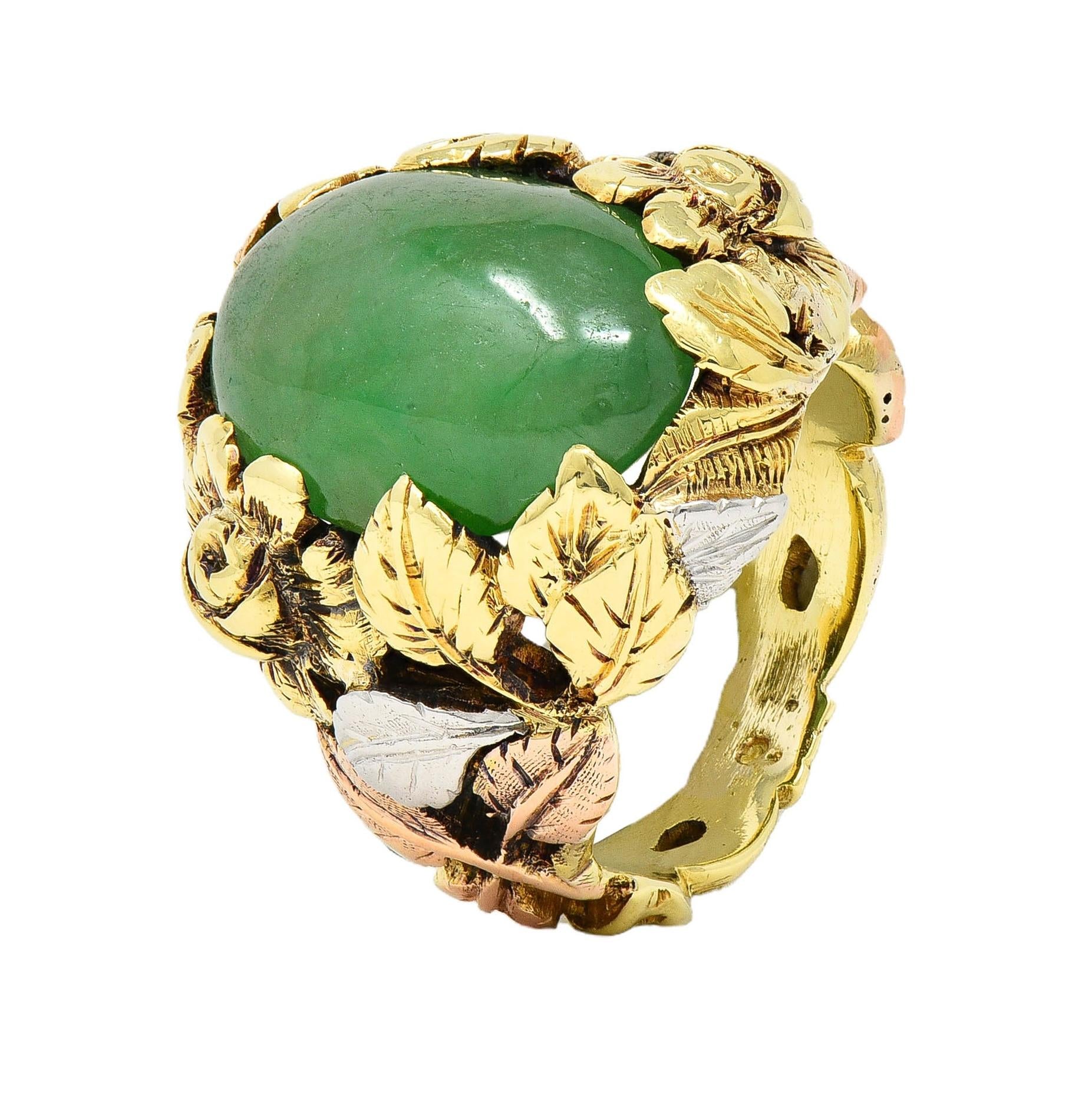 Arts & Crafts Jade Platinum 18 Karat Two-Tone Gold Antique Rose Signet Ring GIA