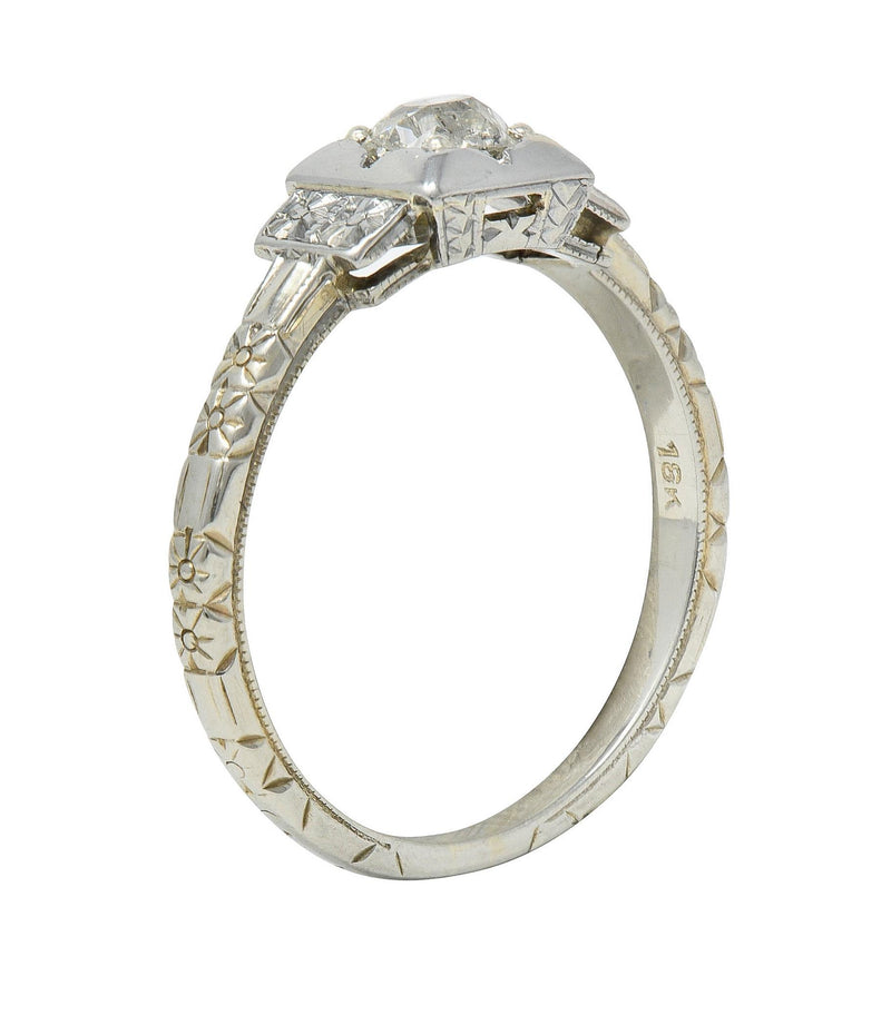 Art Deco Old Mine Cut Diamond 18K White Gold Vintage Blossom Engagement Ring