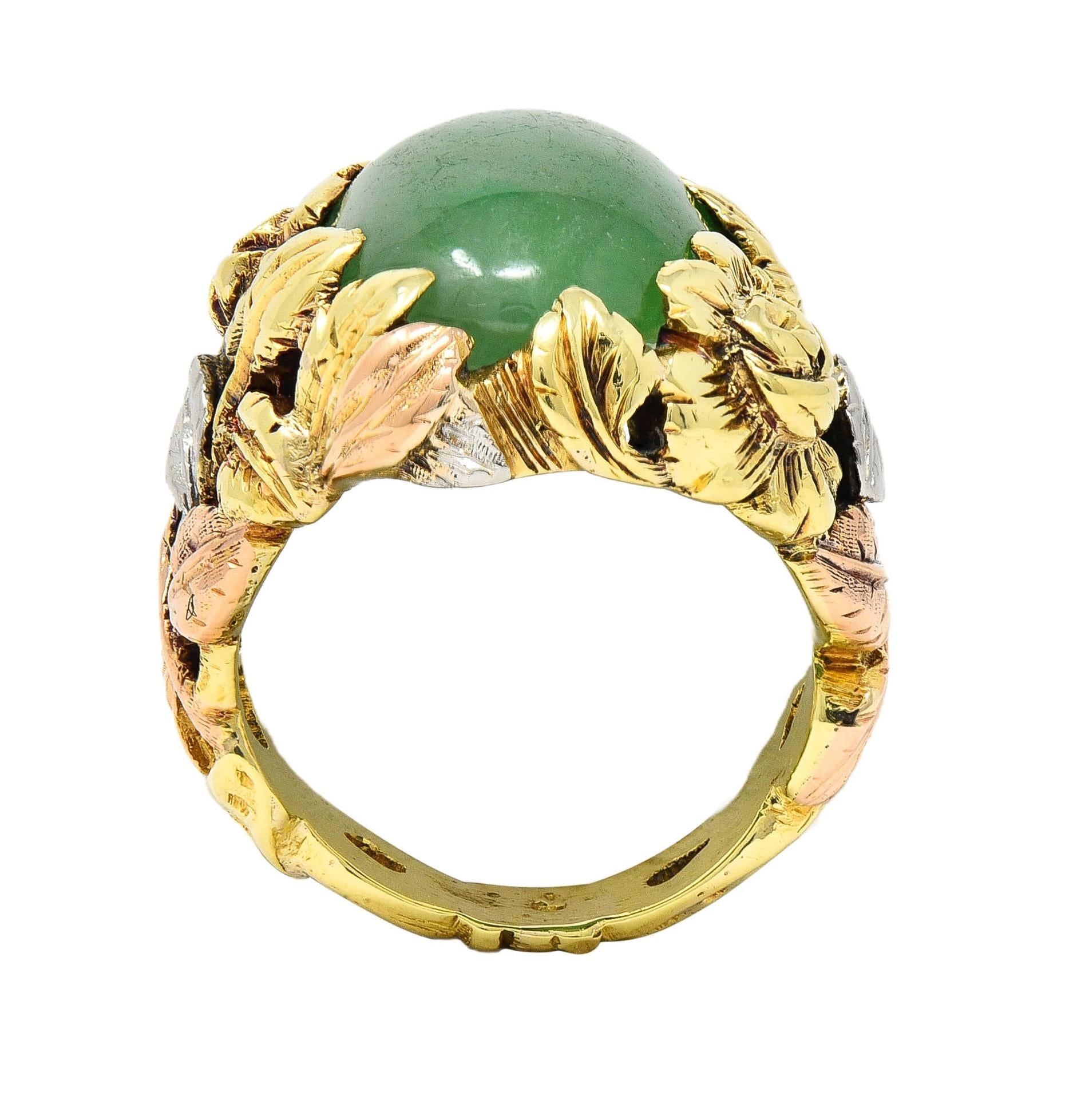 Arts & Crafts Jade Platinum 18 Karat Two-Tone Gold Antique Rose Signet Ring GIA