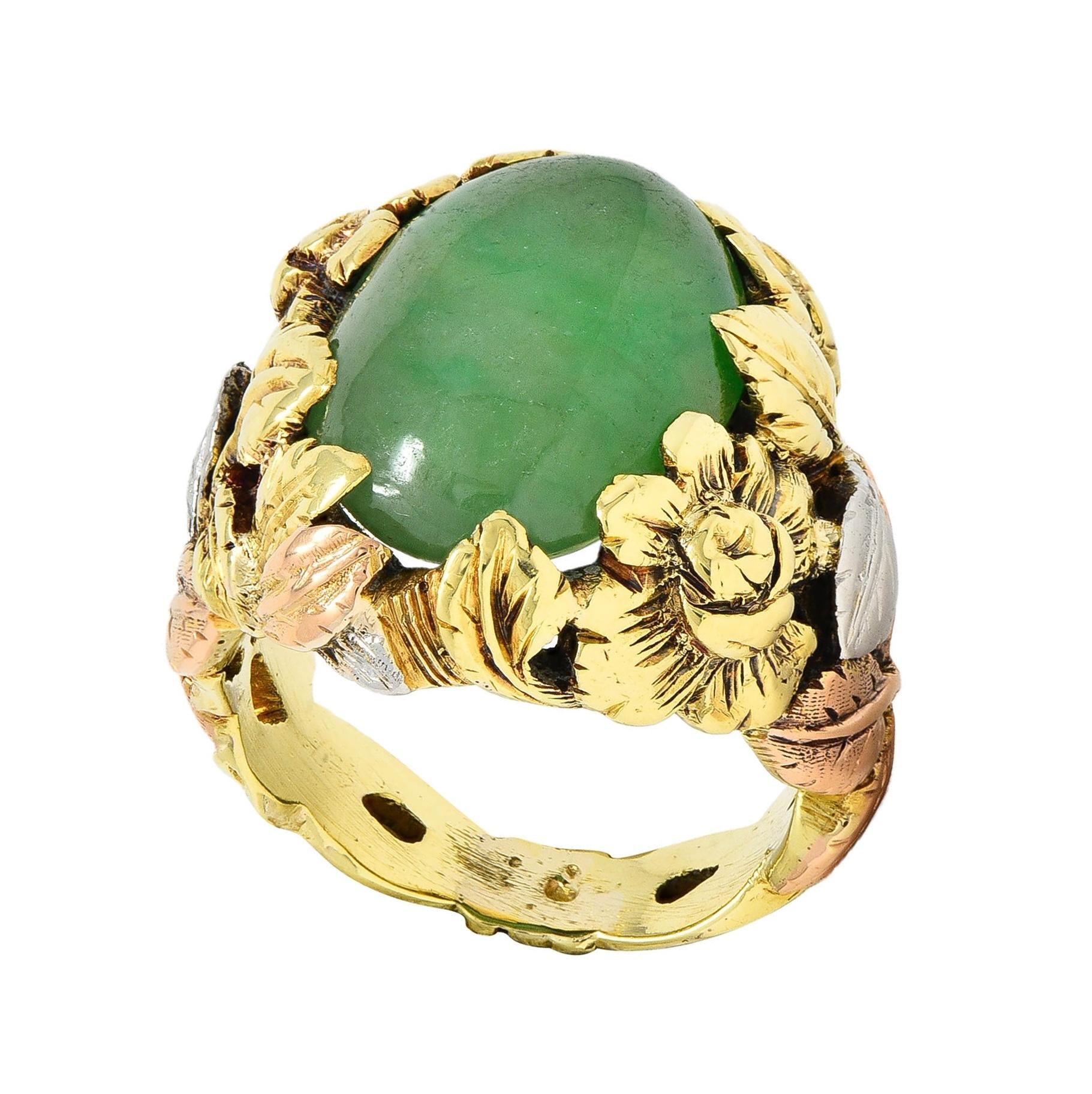 Arts & Crafts Jade Platinum 18 Karat Two-Tone Gold Antique Rose Signet Ring GIA