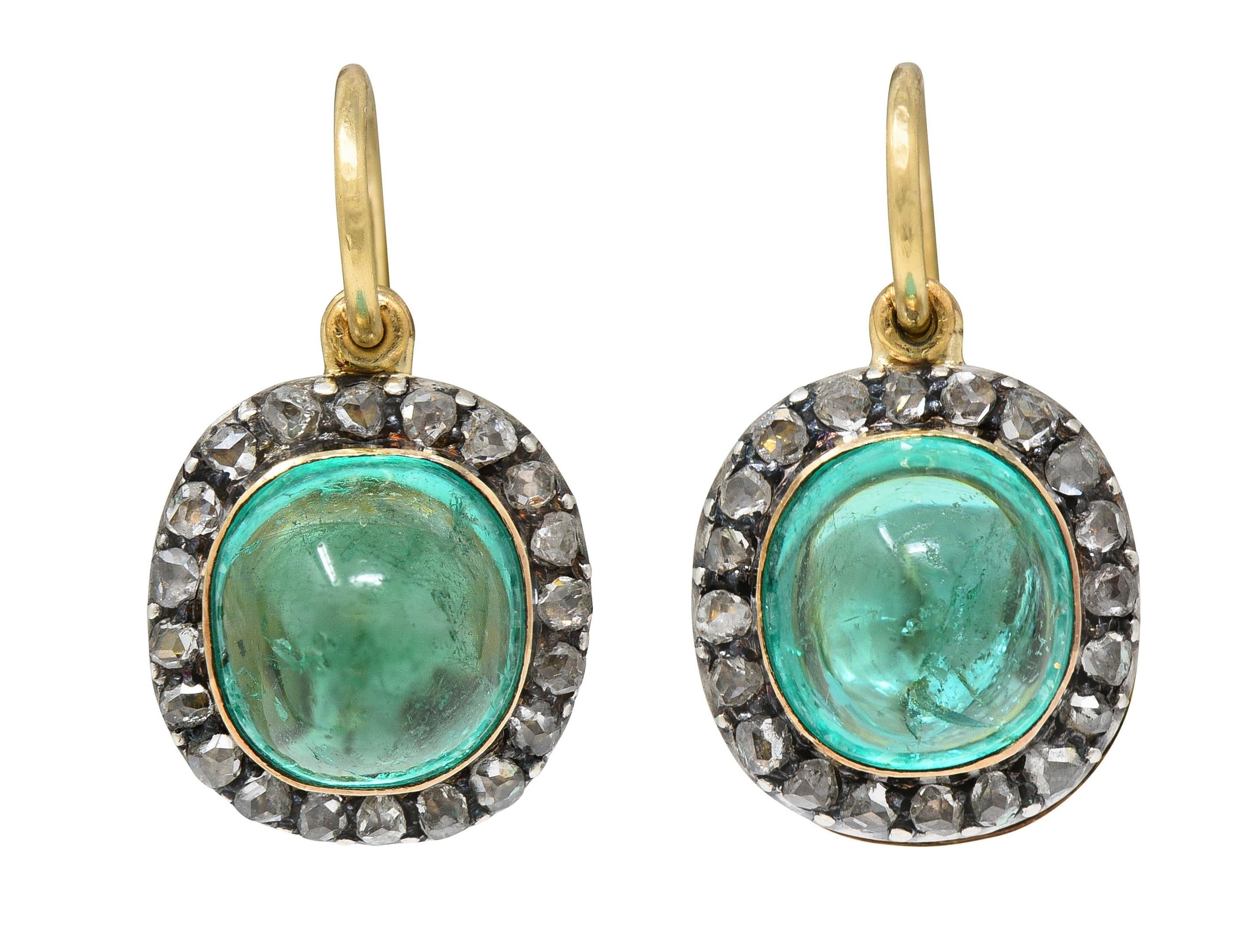 Victorian 5.94 CTW Emerald Diamond Silver 18 Karat Gold Antique Drop Earrings