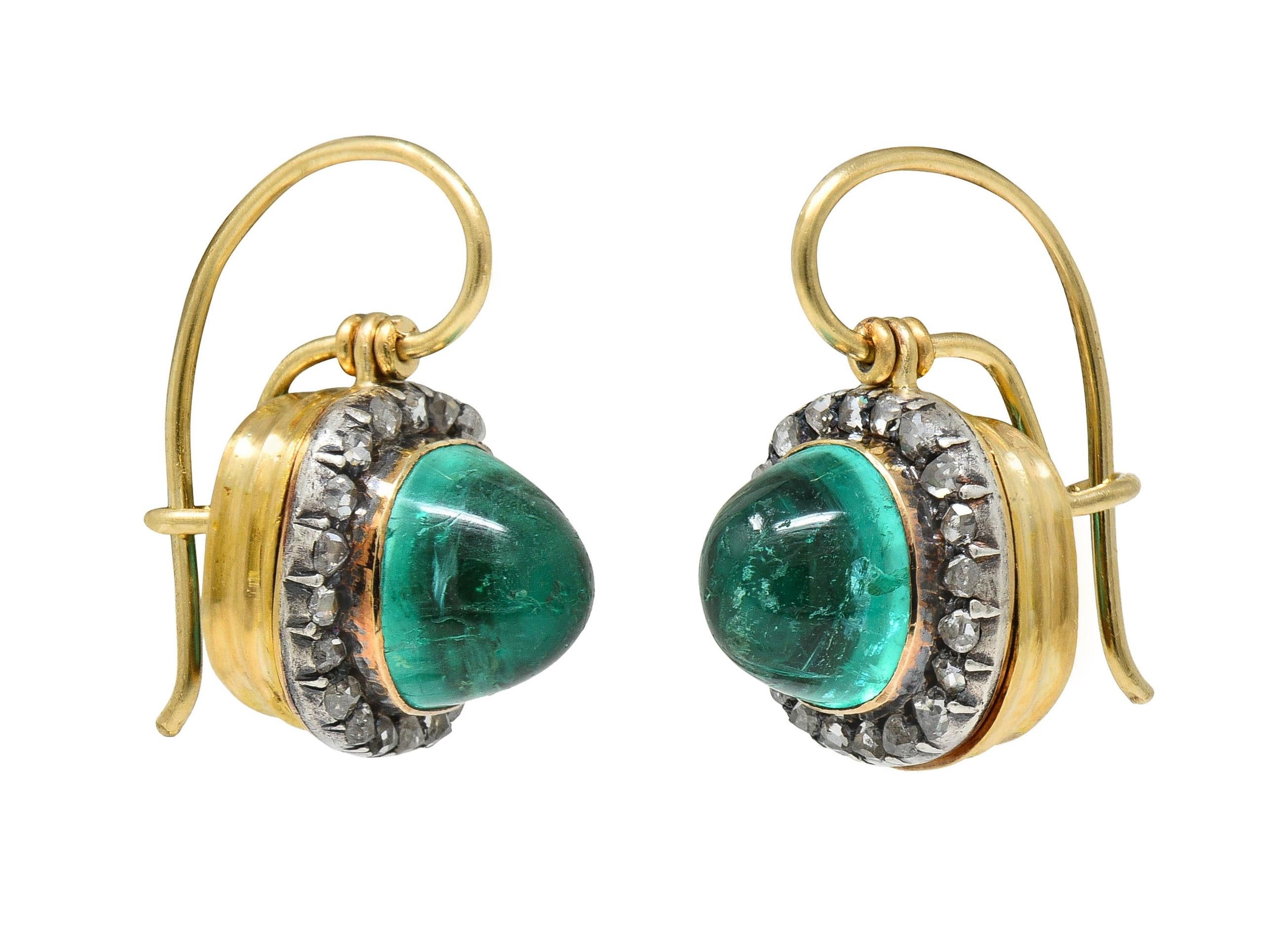 Victorian 5.94 CTW Emerald Diamond Silver 18 Karat Gold Antique Drop Earrings