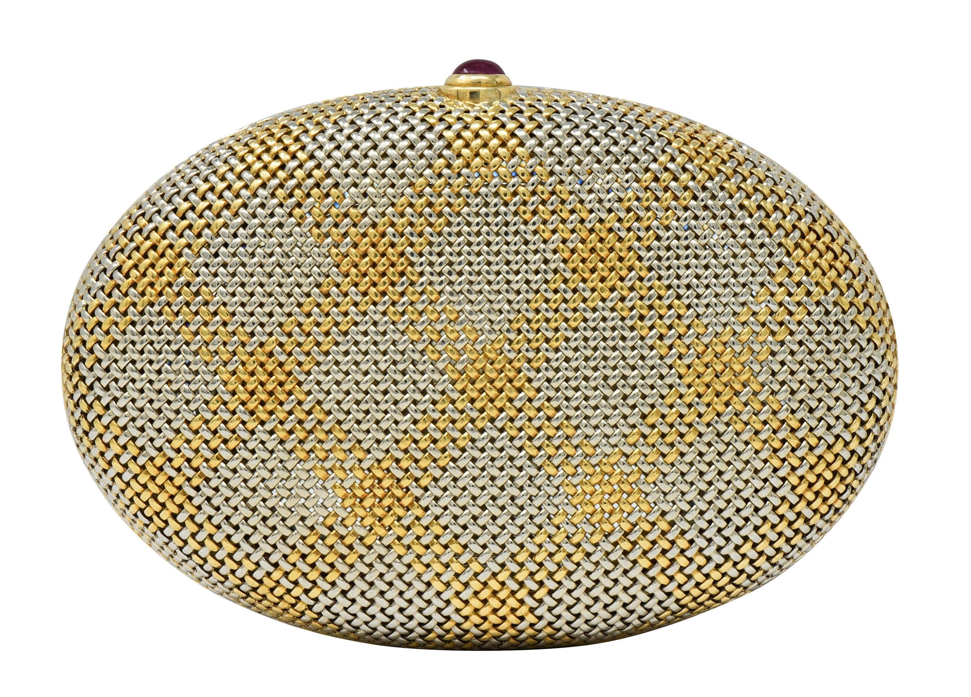 Bulgari 1960's Ruby 18 Karat Two-Tone Gold Vintage Gingham Mesh Mirror Compact