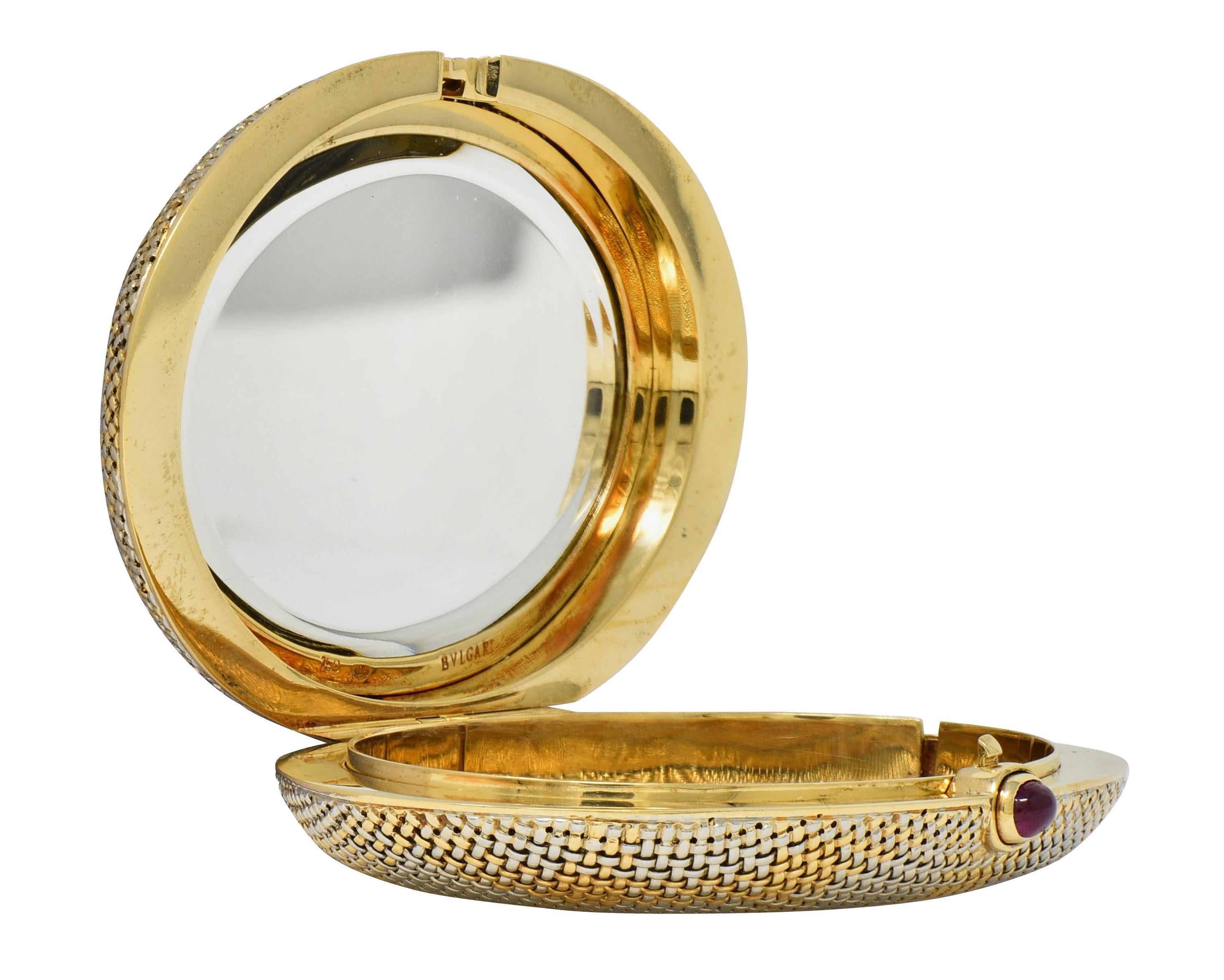 Bulgari 1960's Ruby 18 Karat Two-Tone Gold Vintage Gingham Mesh Mirror Compact