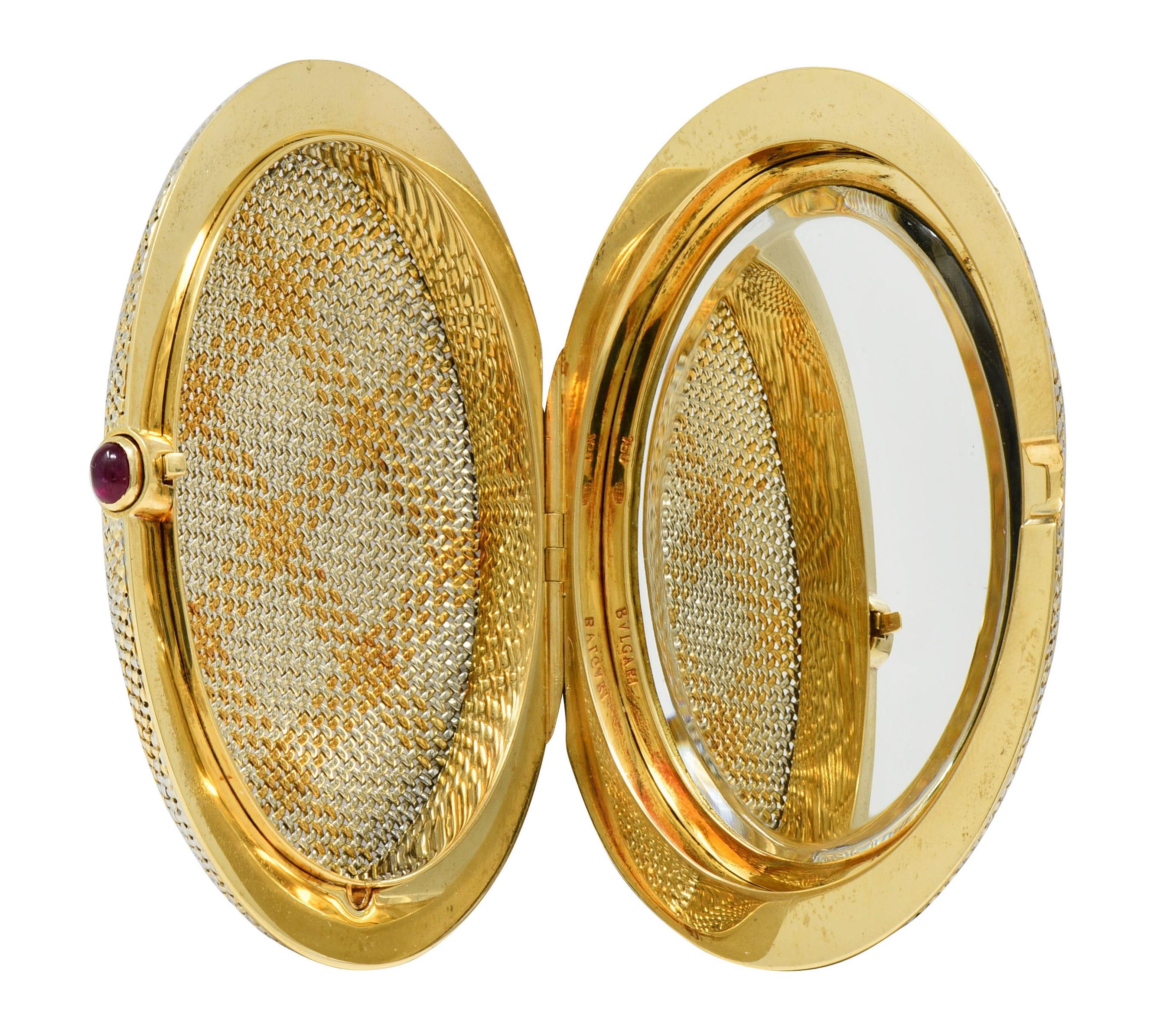 Bulgari 1960's Ruby 18 Karat Two-Tone Gold Vintage Gingham Mesh Mirror Compact